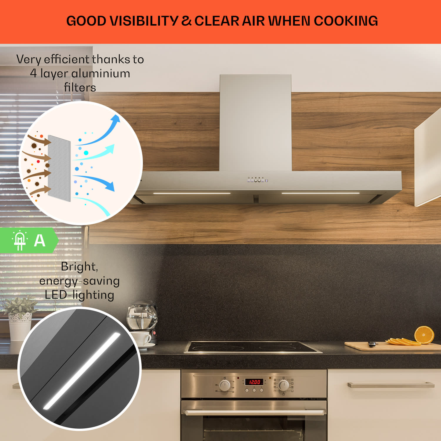 Klarstein Limelight, digestor, 120 cm, nástenný, 546,2 m³/h, nehrdzavejúca oceľ – Obrázok 4