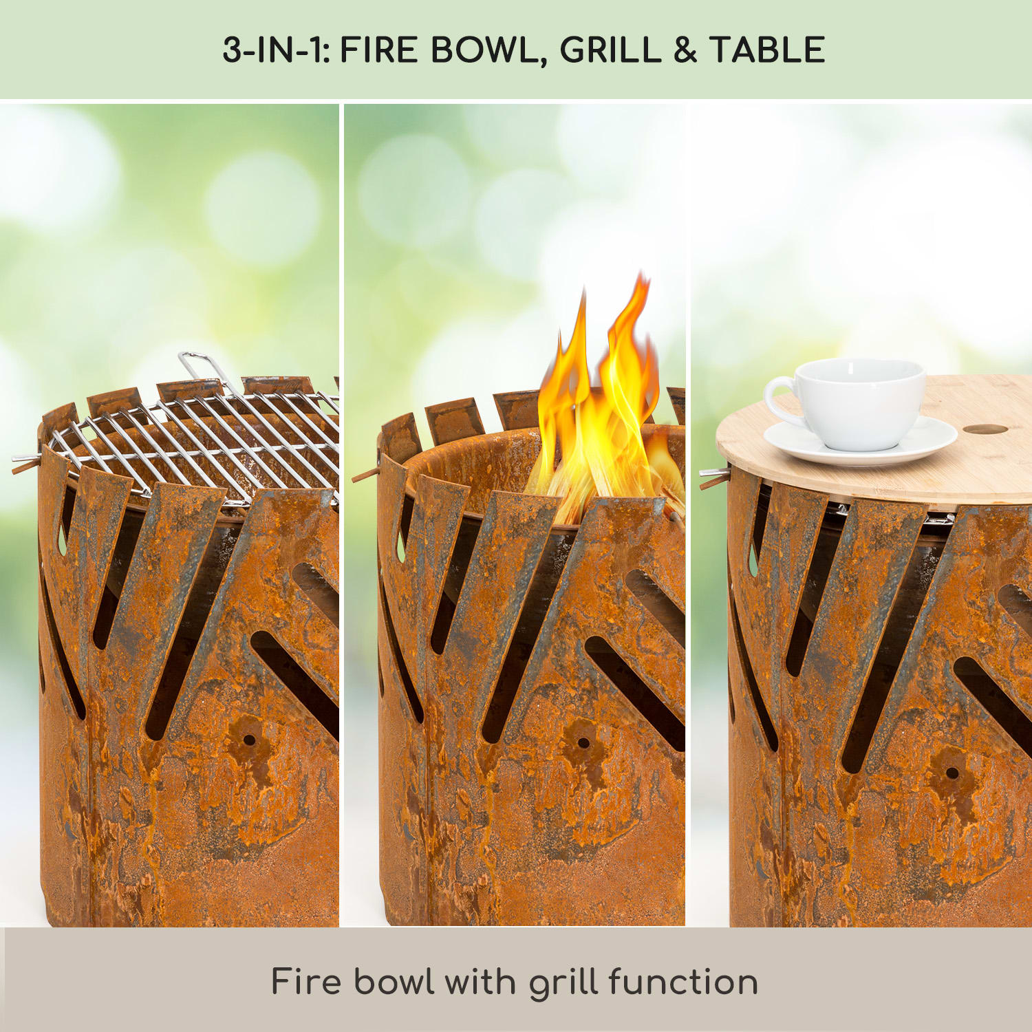 Blumfeldt Crown, ohnisko 3 v 1, Ø 46 cm, odolné voči vode a mrazu, grilovacia doska, grilovací rošt, bambusová doska – Obrázok 2