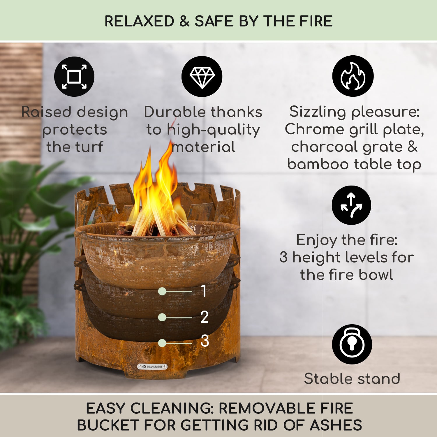 Blumfeldt Crown, ohnisko 3 v 1, Ø 46 cm, odolné voči vode a mrazu, grilovacia doska, grilovací rošt, bambusová doska – Obrázok 3