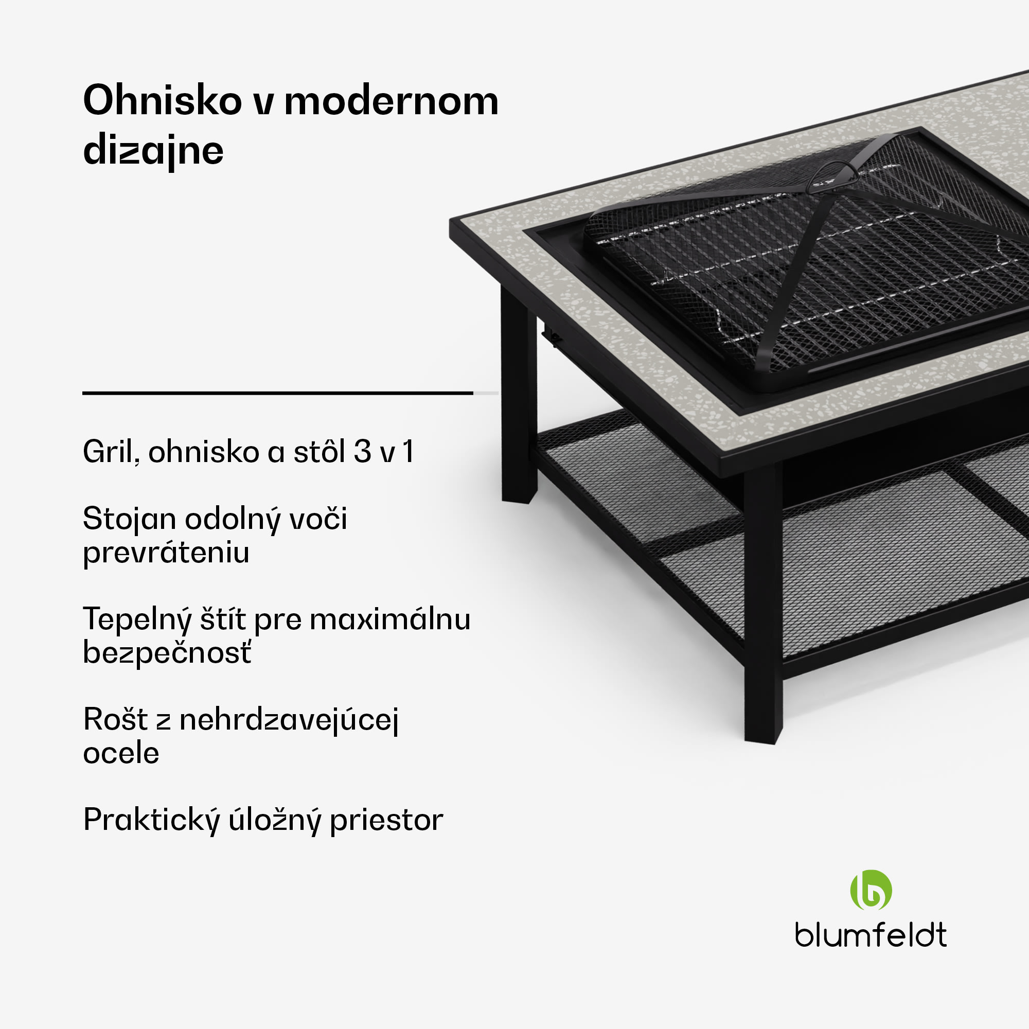 Blumfeldt Merano Avanzato L, ohnisko 3 v 1 s funkciou grilu, dá sa použiť ako stôl, 122 x 87 cm – Obrázok 2