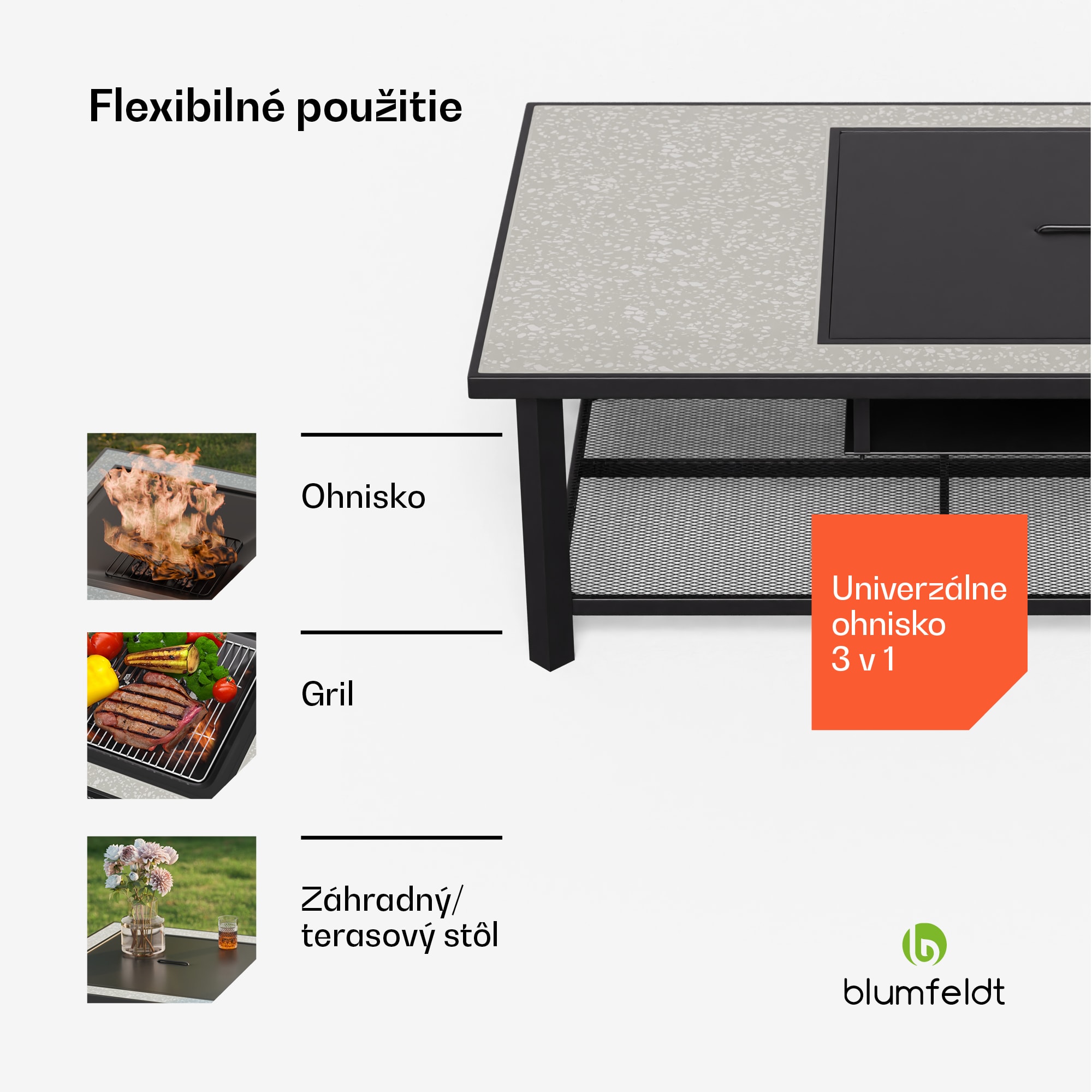 Blumfeldt Merano Avanzato L, ohnisko 3 v 1 s funkciou grilu, dá sa použiť ako stôl, 122 x 87 cm – Obrázok 3