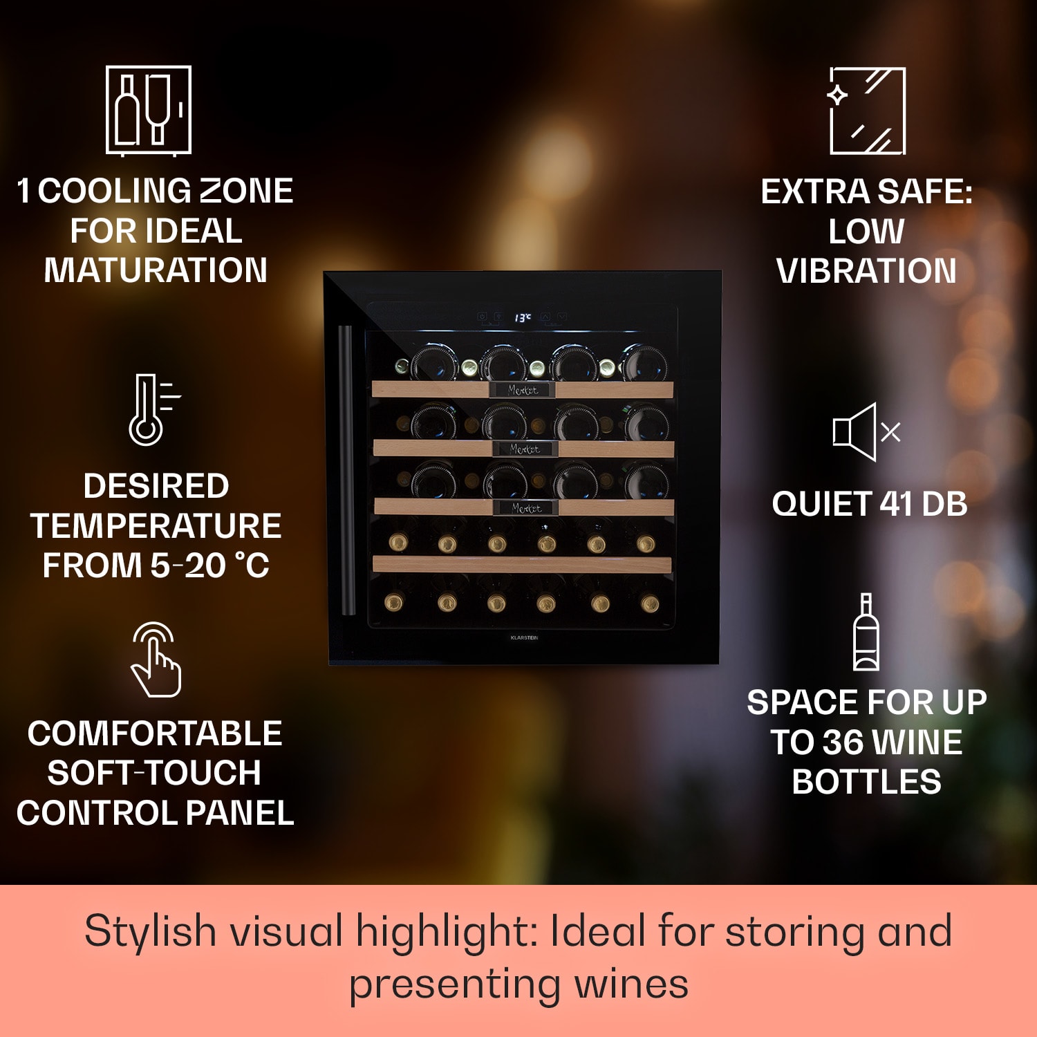 Klarstein Vinsider 36 Built-In Uno, vstavaná vinotéka, 92 l, 36 fliaš, nehrdzavejúca oceľ – Obrázok 2