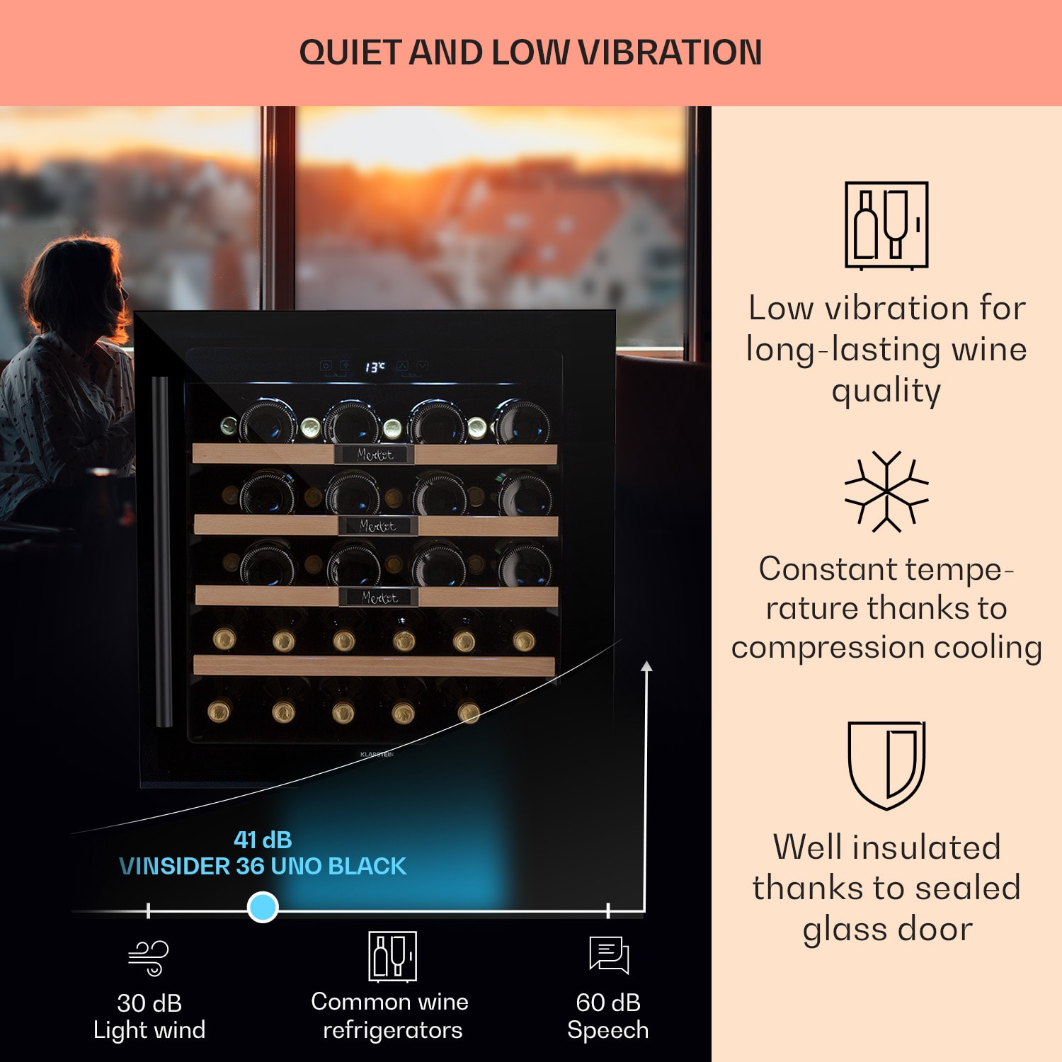 Klarstein Vinsider 36 Built-In Uno, vstavaná vinotéka, 92 l, 36 fliaš, nehrdzavejúca oceľ – Obrázok 4