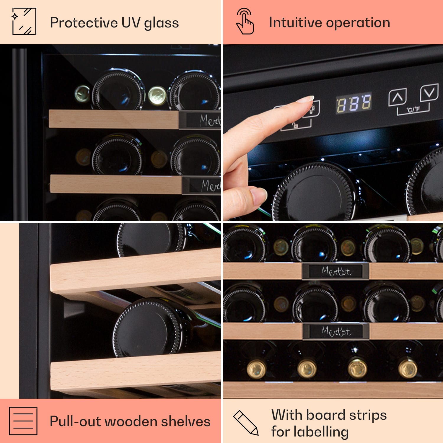 Klarstein Vinsider 36 Built-In Uno, vstavaná vinotéka, 92 l, 36 fliaš, nehrdzavejúca oceľ – Obrázok 5