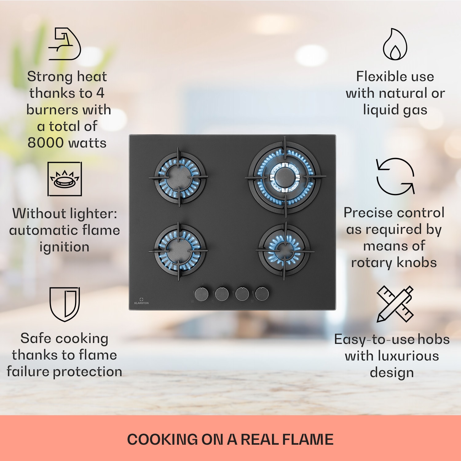 Klarstein Firetale, plynová varná doska, 4 hliníkové horáky, vrátane hadice a redukčného ventilu – Obrázok 2