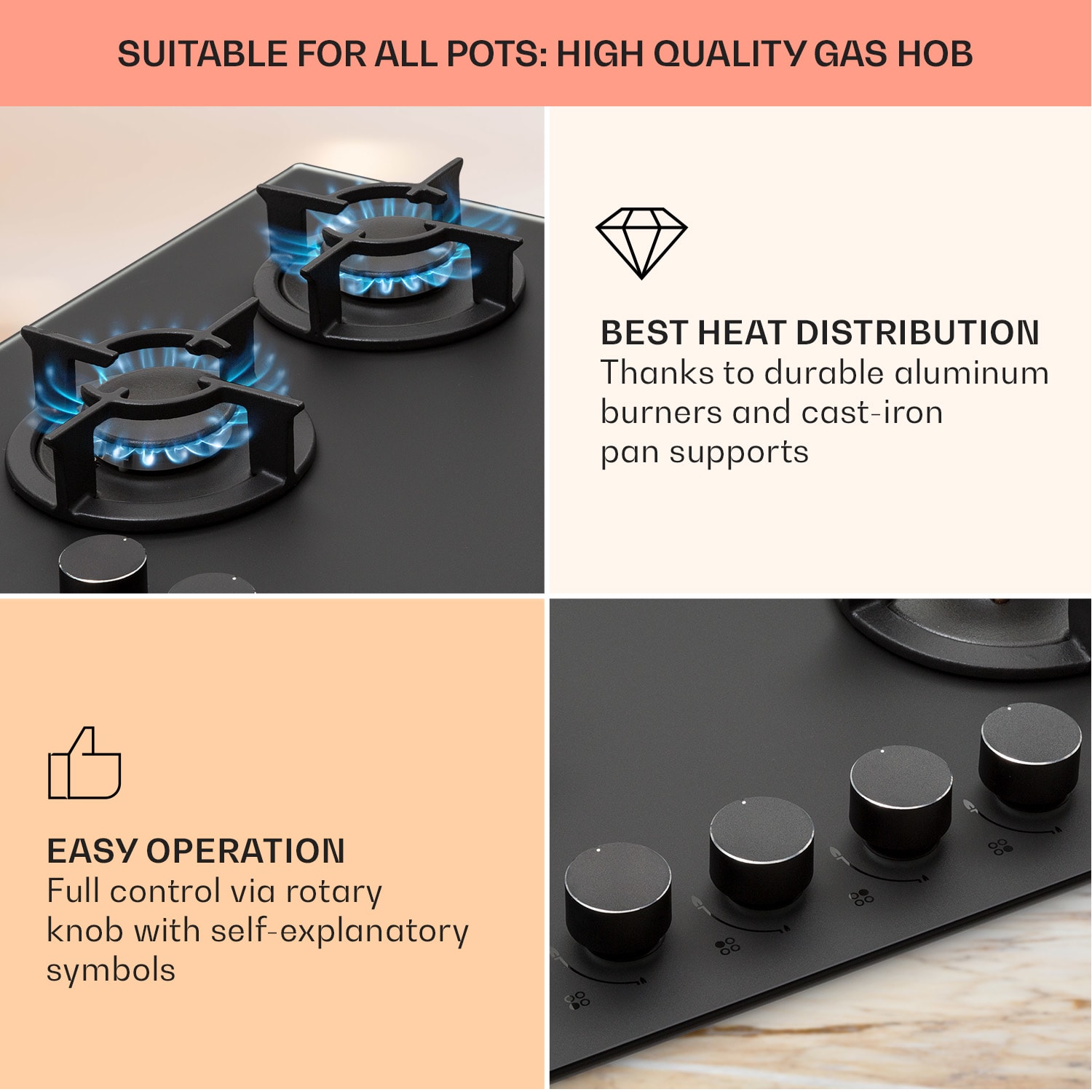 Klarstein Firetale, plynová varná doska, 4 hliníkové horáky, vrátane hadice a redukčného ventilu – Obrázok 4