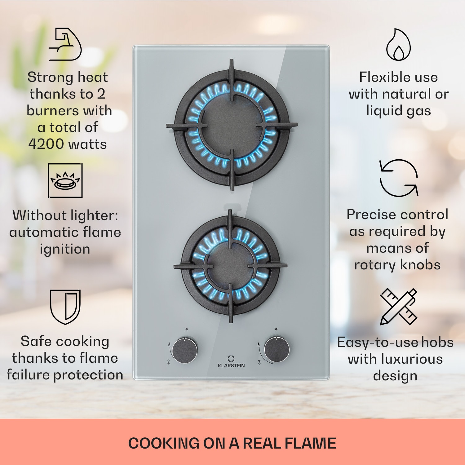 Klarstein Firetale, plynová varná doska, 2 hliníkové horáky, zemný plyn/propán – Obrázok 2