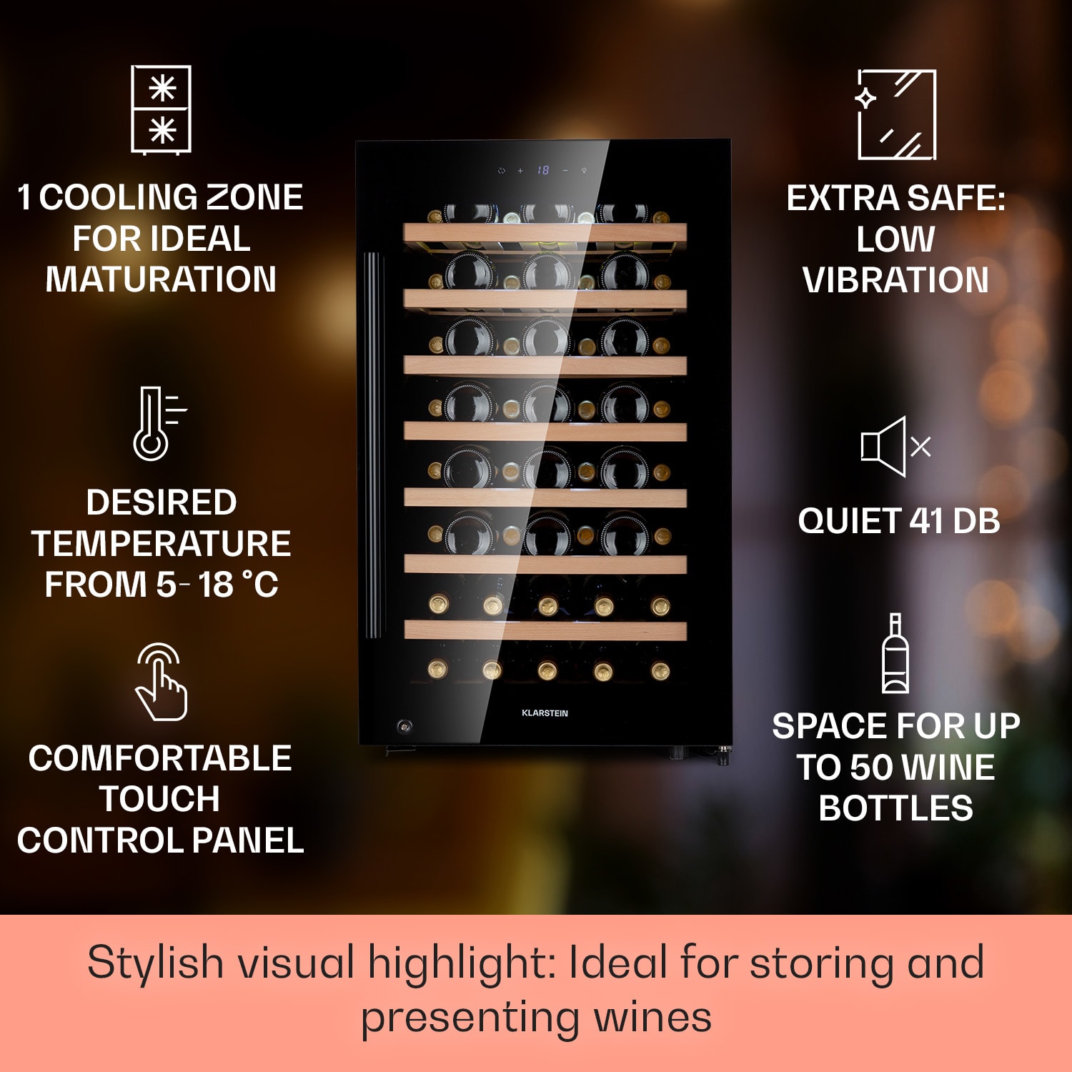 Klarstein Barossa 50 Uno, vinotéka, 120 l, 50 fliaš, 1 zóna, dotykový displej – Obrázok 2