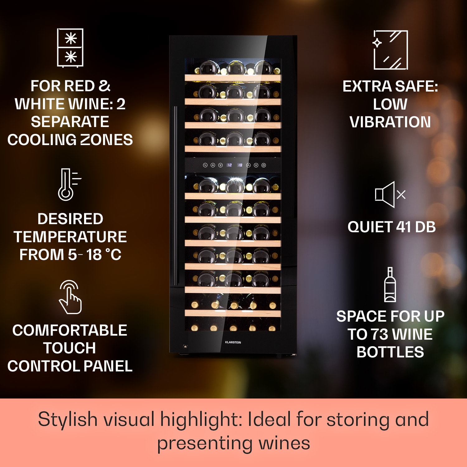 Klarstein Barossa 73 Uno, vinotéka, 192 l, 2 zóny, 73 fliaš, dotykový displej – Obrázok 2