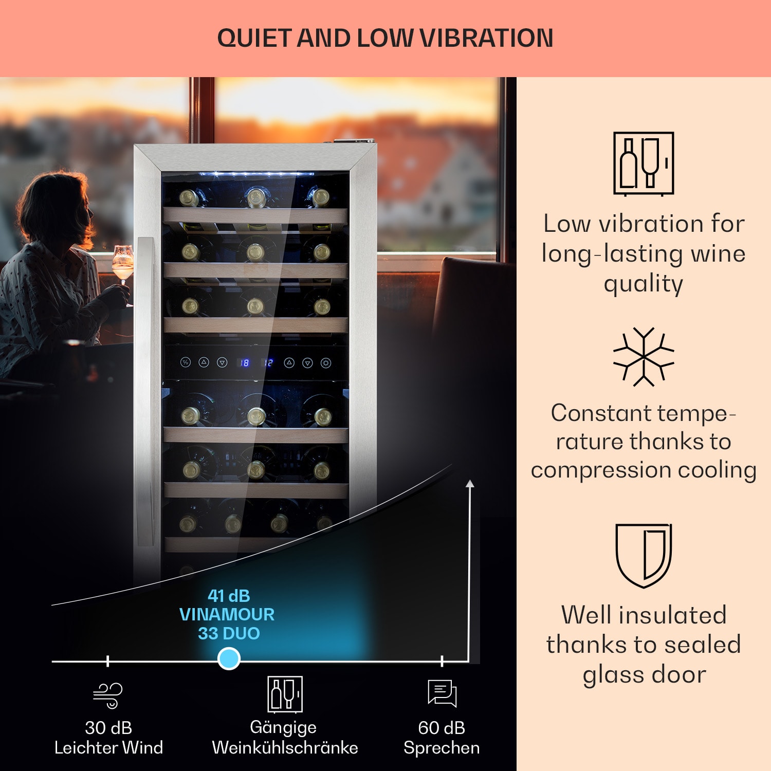 Klarstein Vinamour 33 Duo, vinotéka, 89 l, 33 fliaš, 2 zóny, 5-18°C, dotykové ovládanie – Obrázok 4