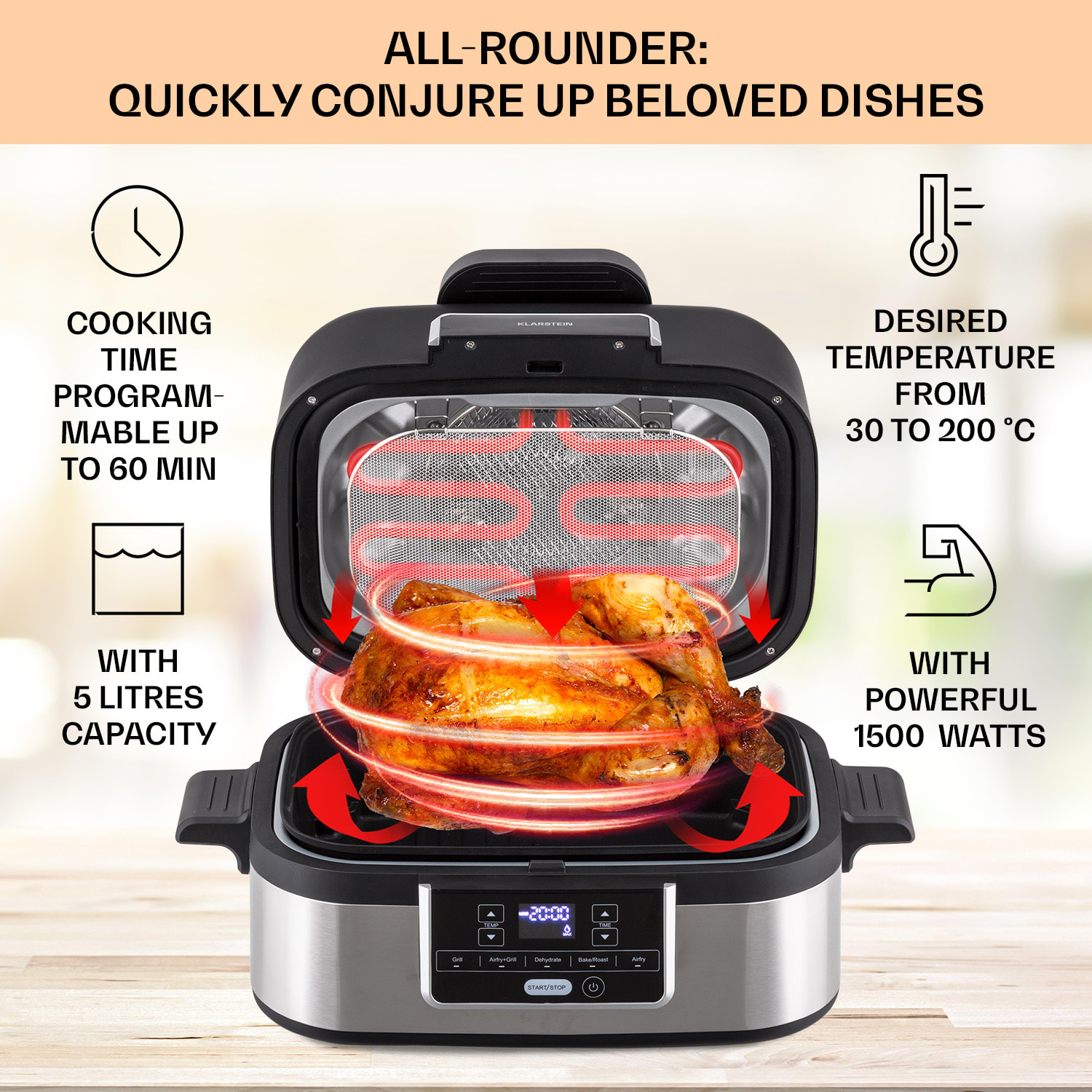 Klarstein Combo Air, teplovzdušná fritéza s grilom, 1500 W, 4,5 l grilovací kôš, 2,5 l fritovací kôš, 5 programov – Obrázok 2