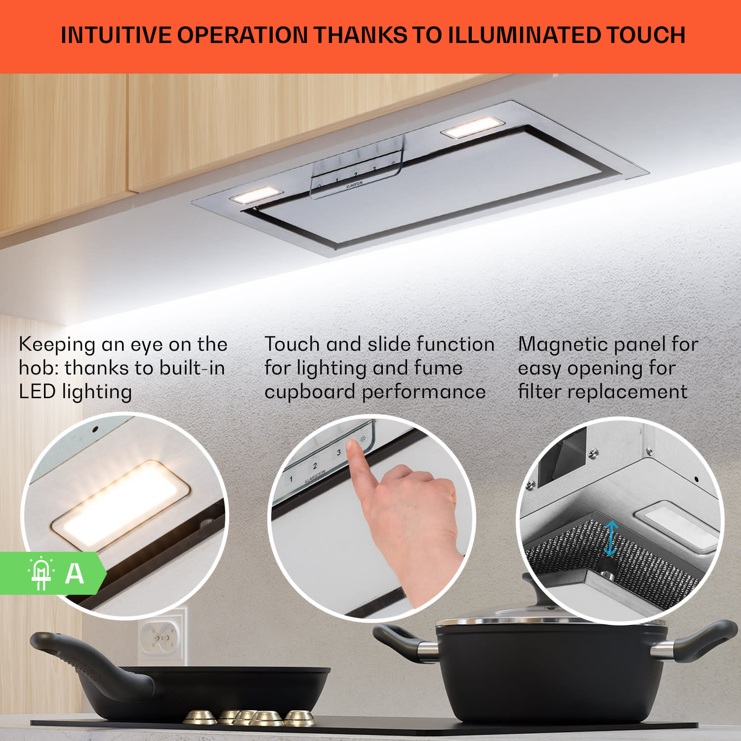 Klarstein Camila, vstavaný digestor, 52 cm, 397 m³/h, LED, dotyková plocha, nehrdzavejúca oceľ – Obrázok 4