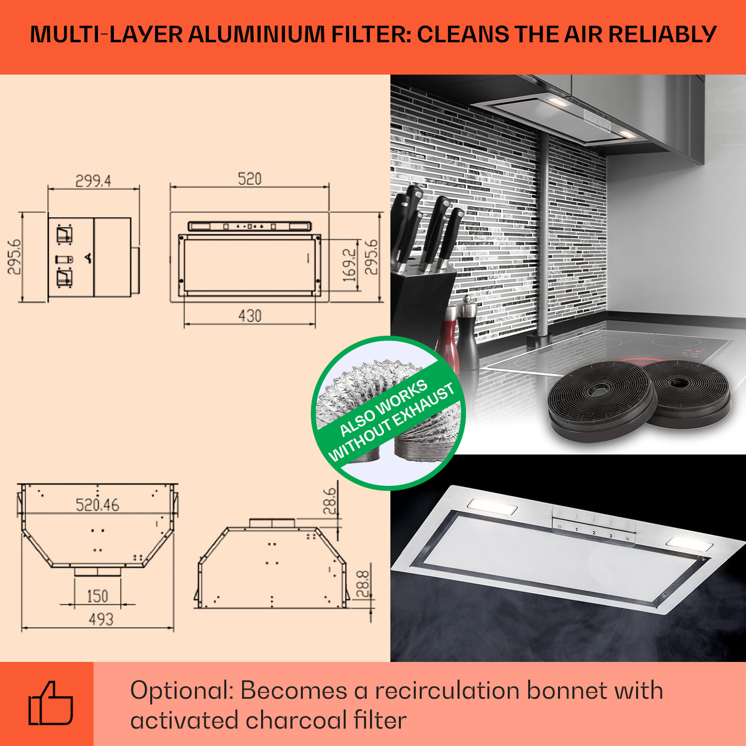 Klarstein Camila, vstavaný digestor, 52 cm, 397 m³/h, LED, dotyková plocha, nehrdzavejúca oceľ – Obrázok 5