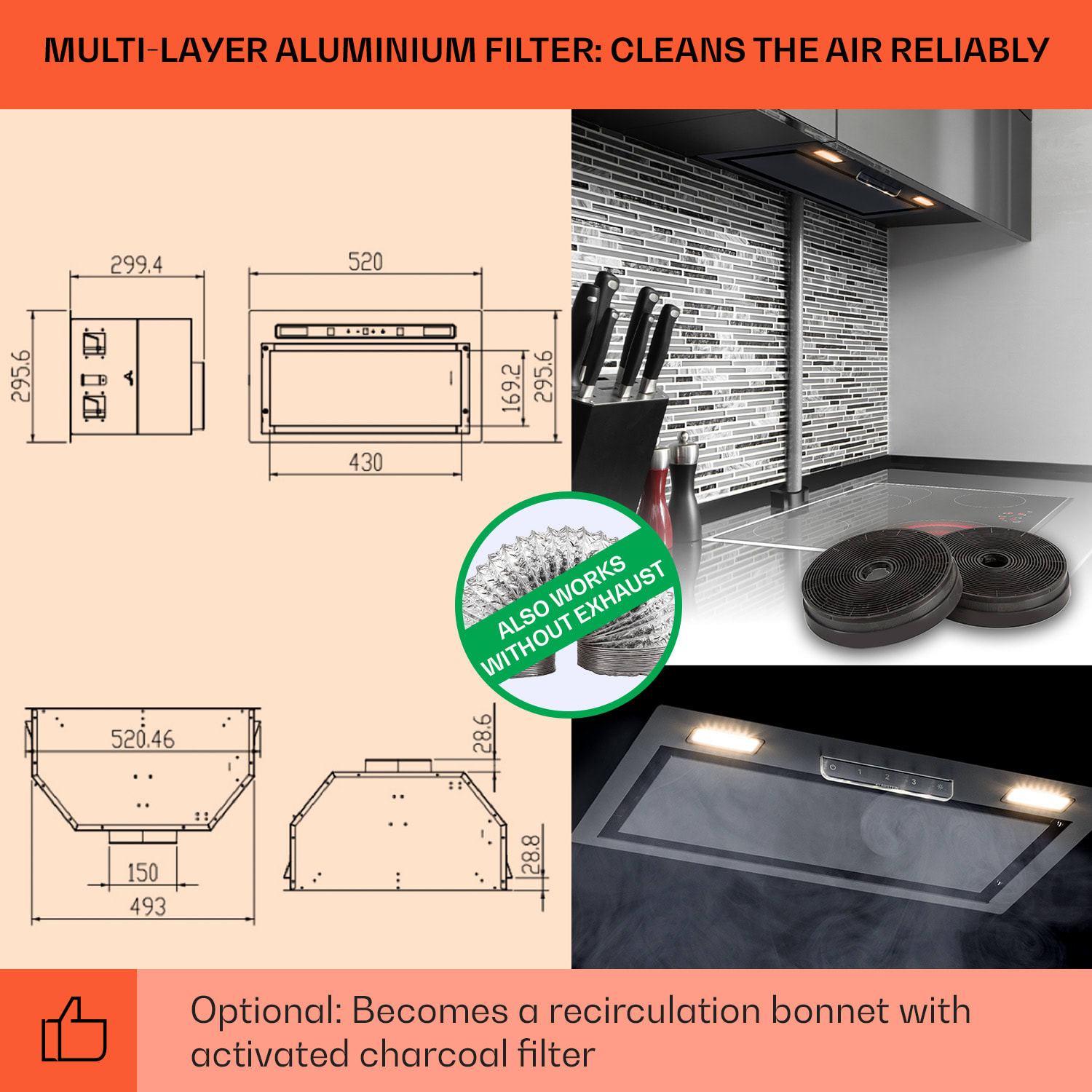 Klarstein Camila, vstavaný digestor, 52 cm, 397 m³/h, LED, dotyková plocha, nehrdzavejúca oceľ – Obrázok 5