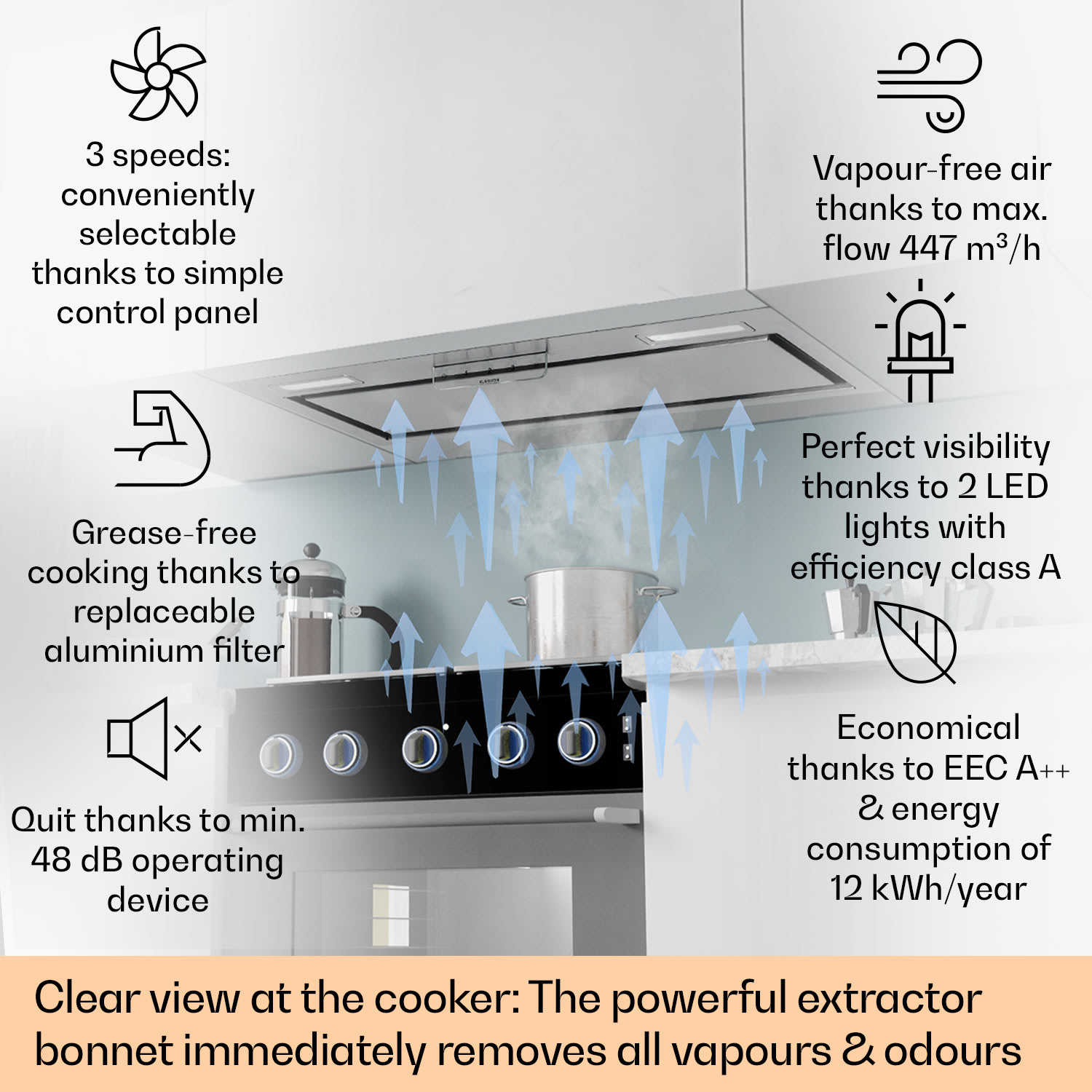 Klarstein Camila, vstavaný digestor, 70 cm, 397 m³/h, LED, dotyková plocha, nehrdzavejúca oceľ – Obrázok 2