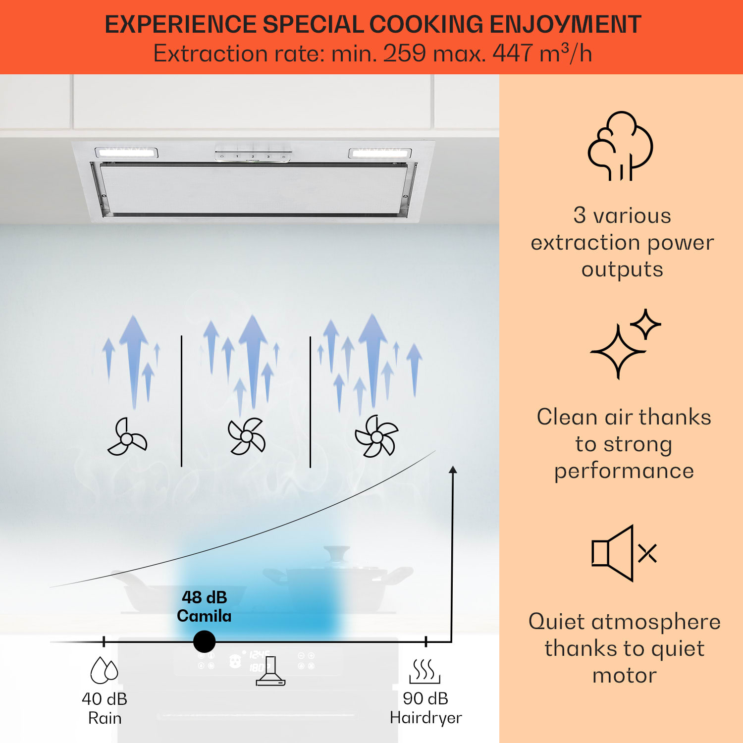 Klarstein Camila, vstavaný digestor, 70 cm, 397 m³/h, LED, dotyková plocha, nehrdzavejúca oceľ – Obrázok 3
