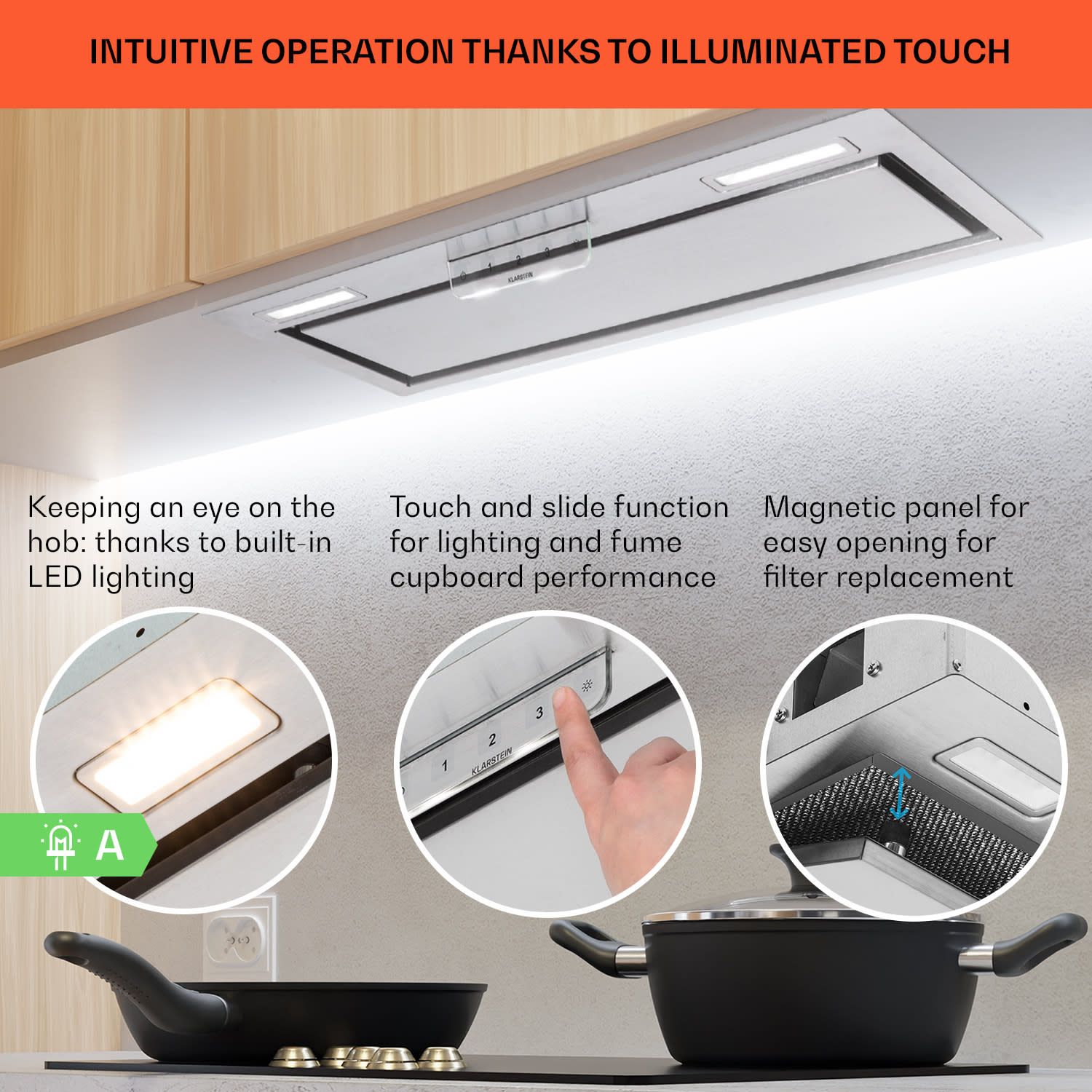 Klarstein Camila, vstavaný digestor, 70 cm, 397 m³/h, LED, dotyková plocha, nehrdzavejúca oceľ – Obrázok 4