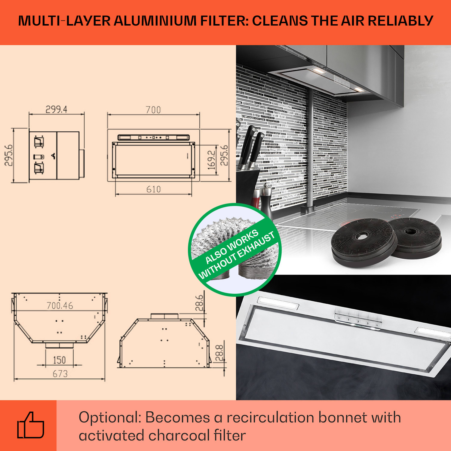 Klarstein Camila, vstavaný digestor, 70 cm, 397 m³/h, LED, dotyková plocha, nehrdzavejúca oceľ – Obrázok 5