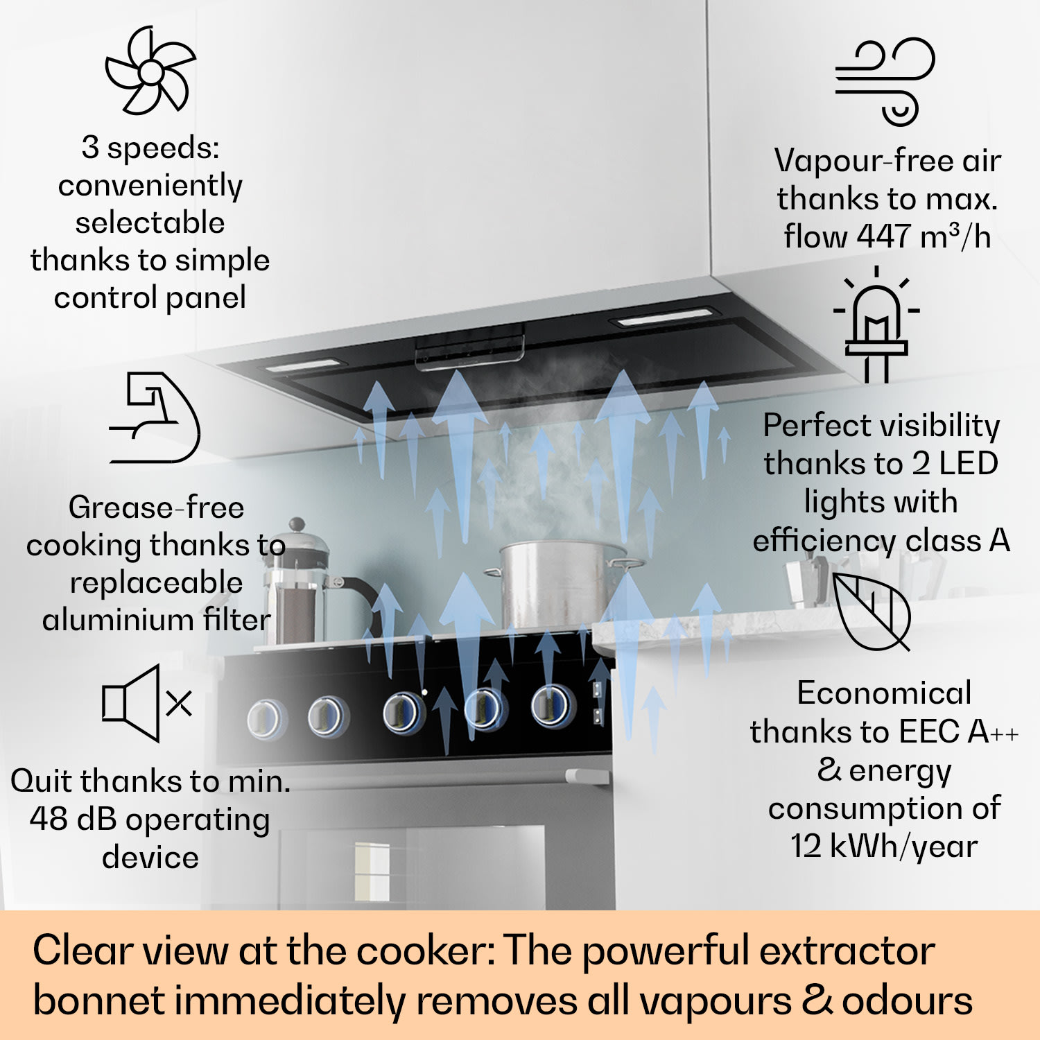 Klarstein Camila, vstavaný digestor, 70 cm, 397 m³/h, LED, dotyková plocha, nehrdzavejúca oceľ – Obrázok 2