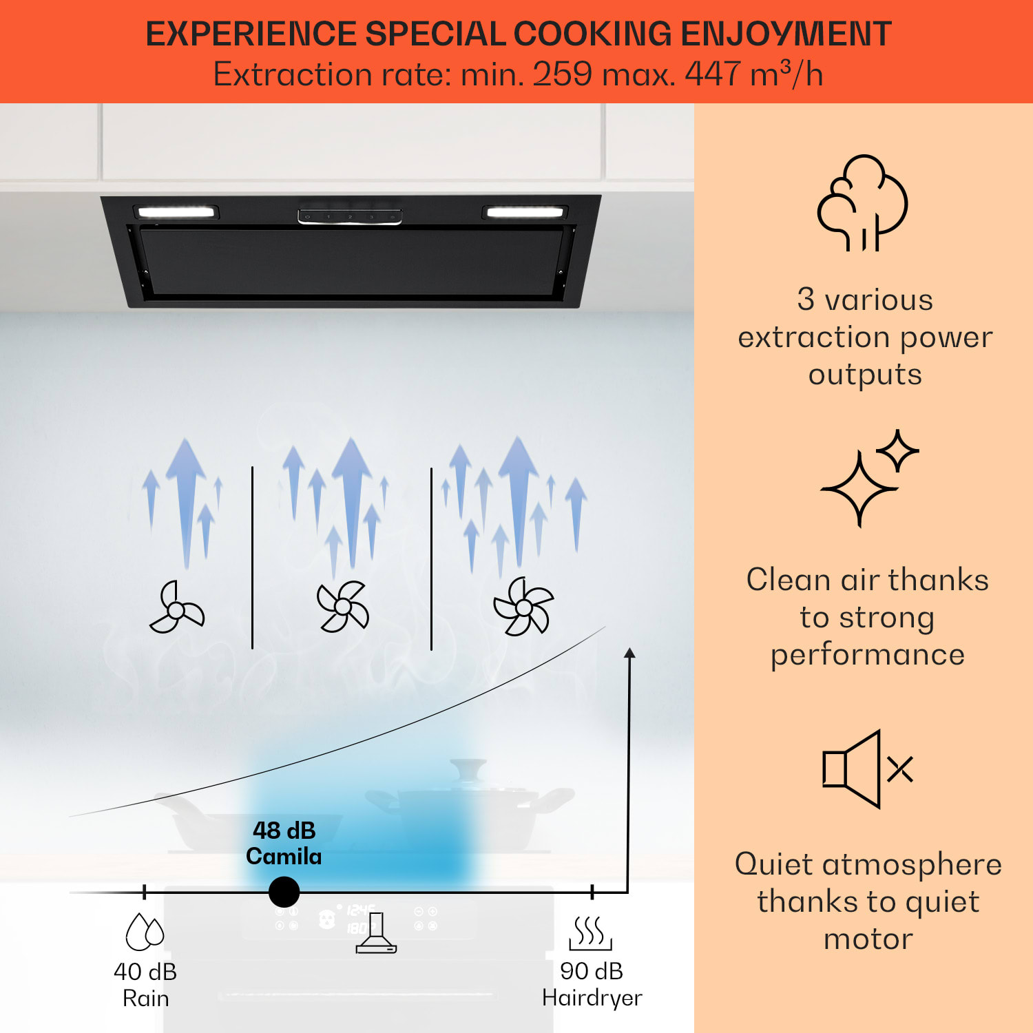 Klarstein Camila, vstavaný digestor, 70 cm, 397 m³/h, LED, dotyková plocha, nehrdzavejúca oceľ – Obrázok 3