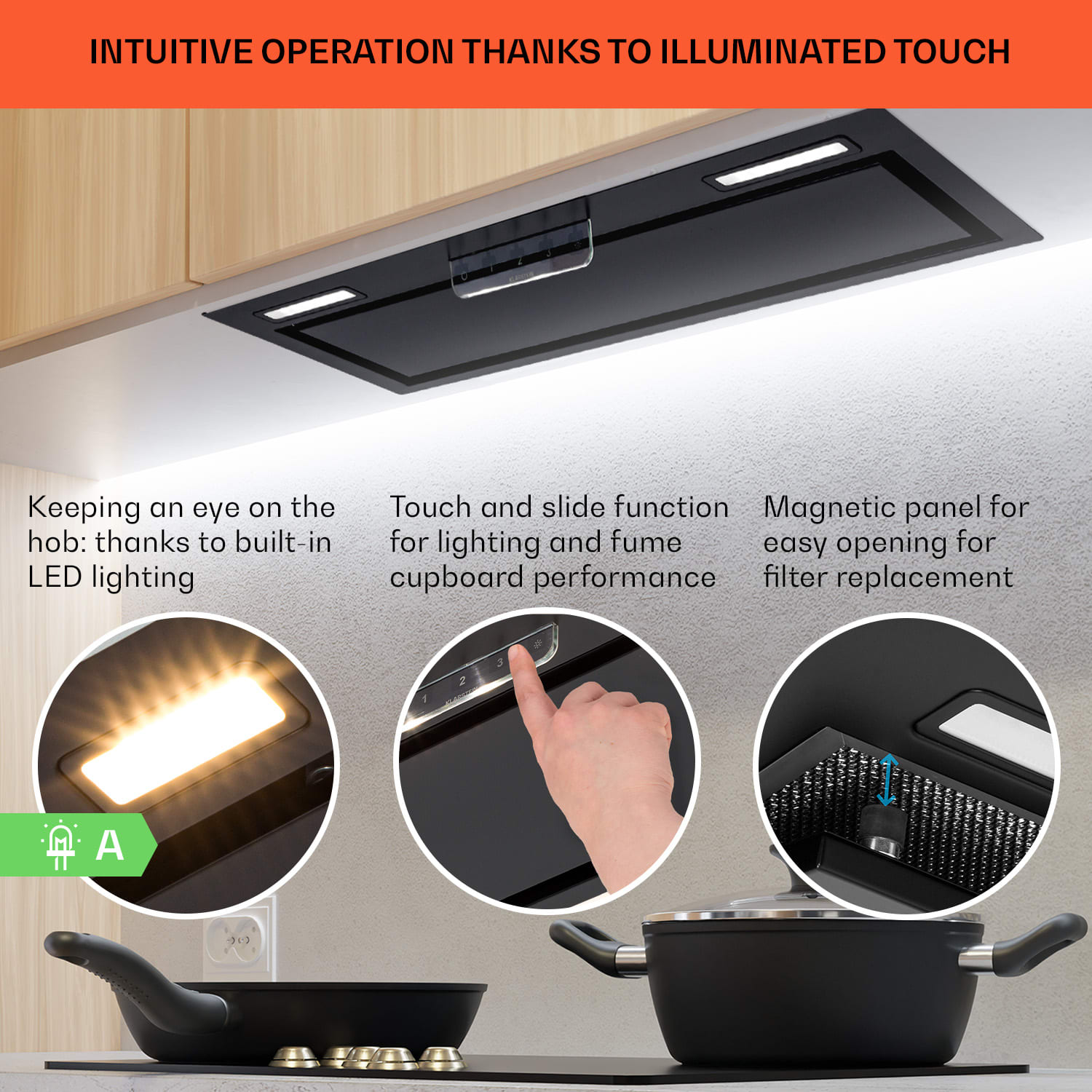 Klarstein Camila, vstavaný digestor, 70 cm, 397 m³/h, LED, dotyková plocha, nehrdzavejúca oceľ – Obrázok 4