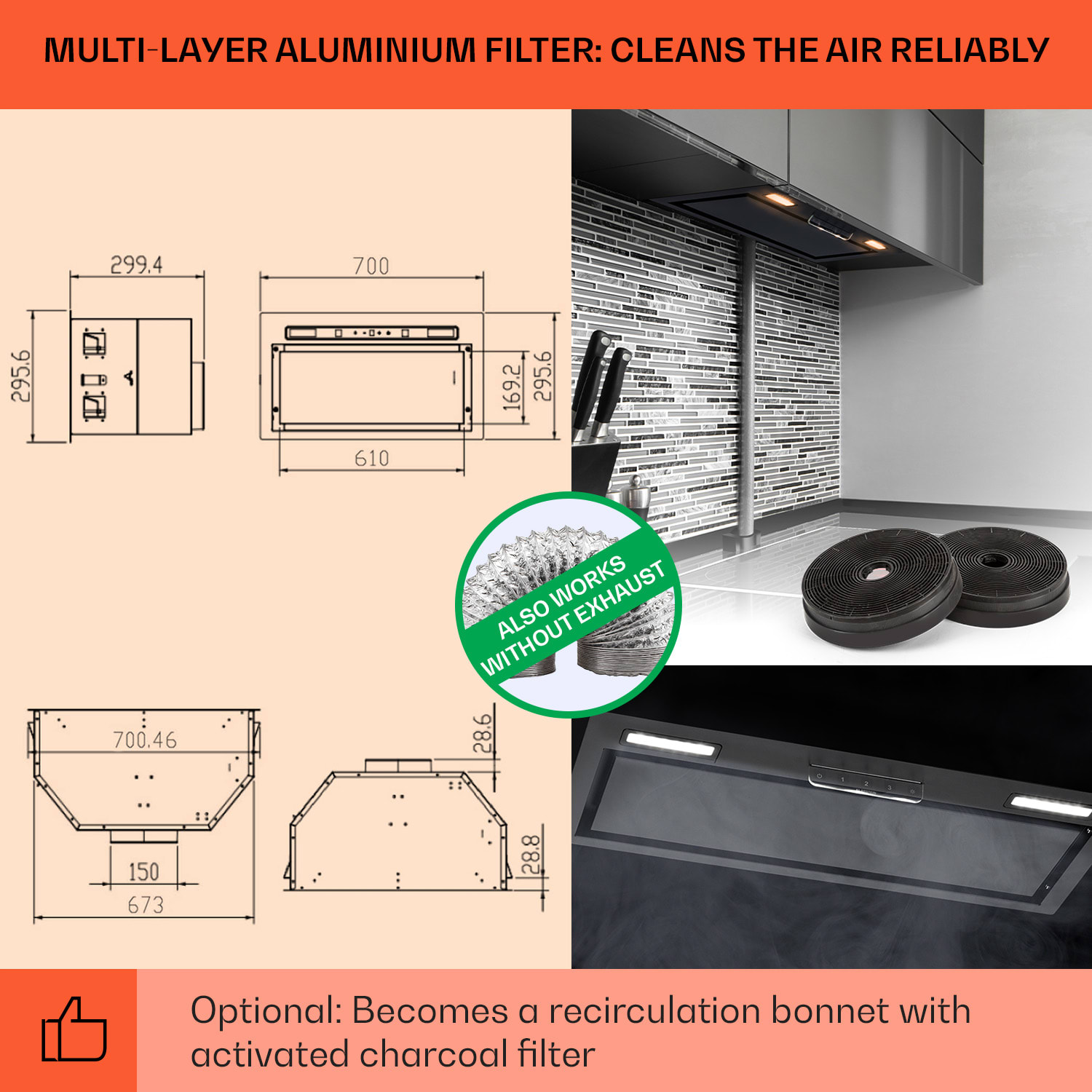 Klarstein Camila, vstavaný digestor, 70 cm, 397 m³/h, LED, dotyková plocha, nehrdzavejúca oceľ – Obrázok 5