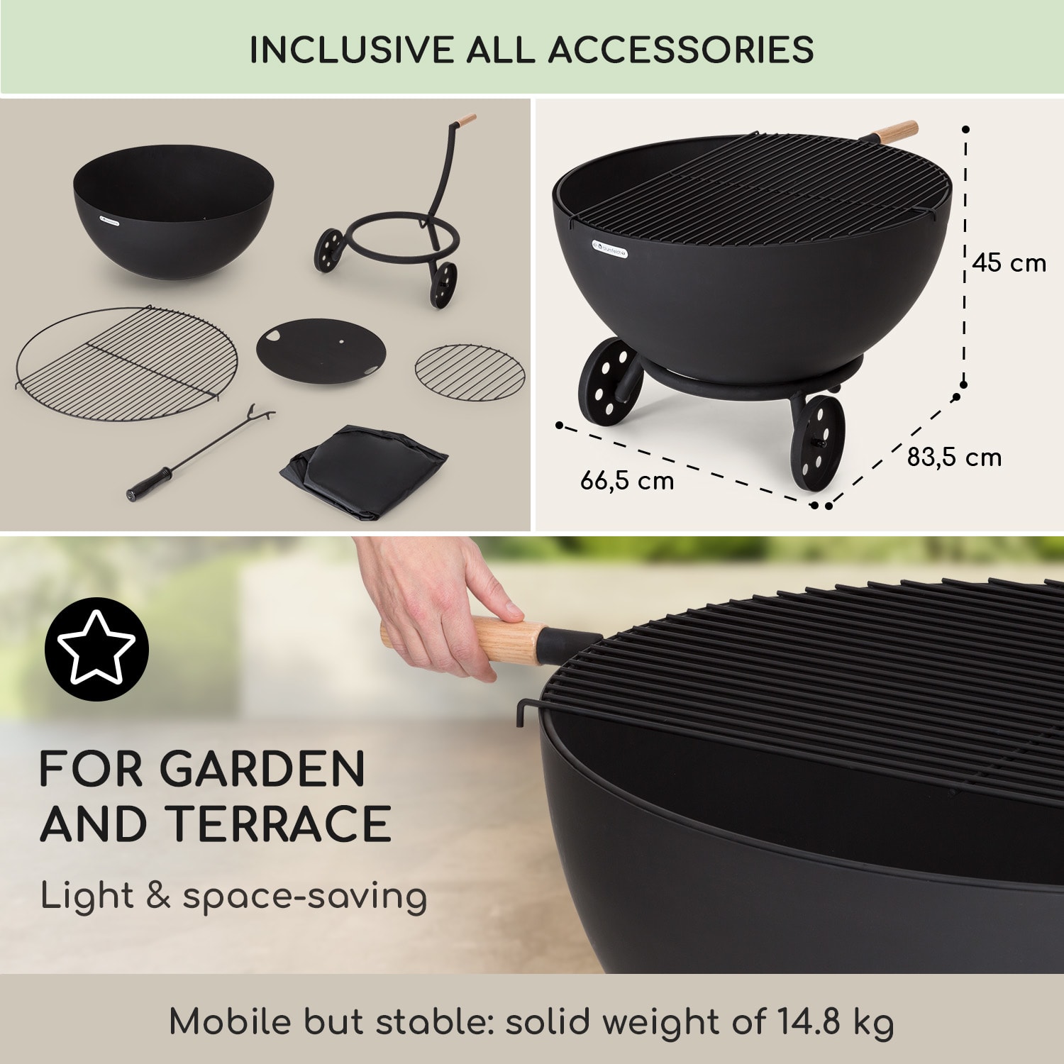 Blumfeldt Fireball Egon, ohnisko, oceľ, do záhrady alebo na terasu, Ø 66 cm, kryt na gril – Obrázok 5