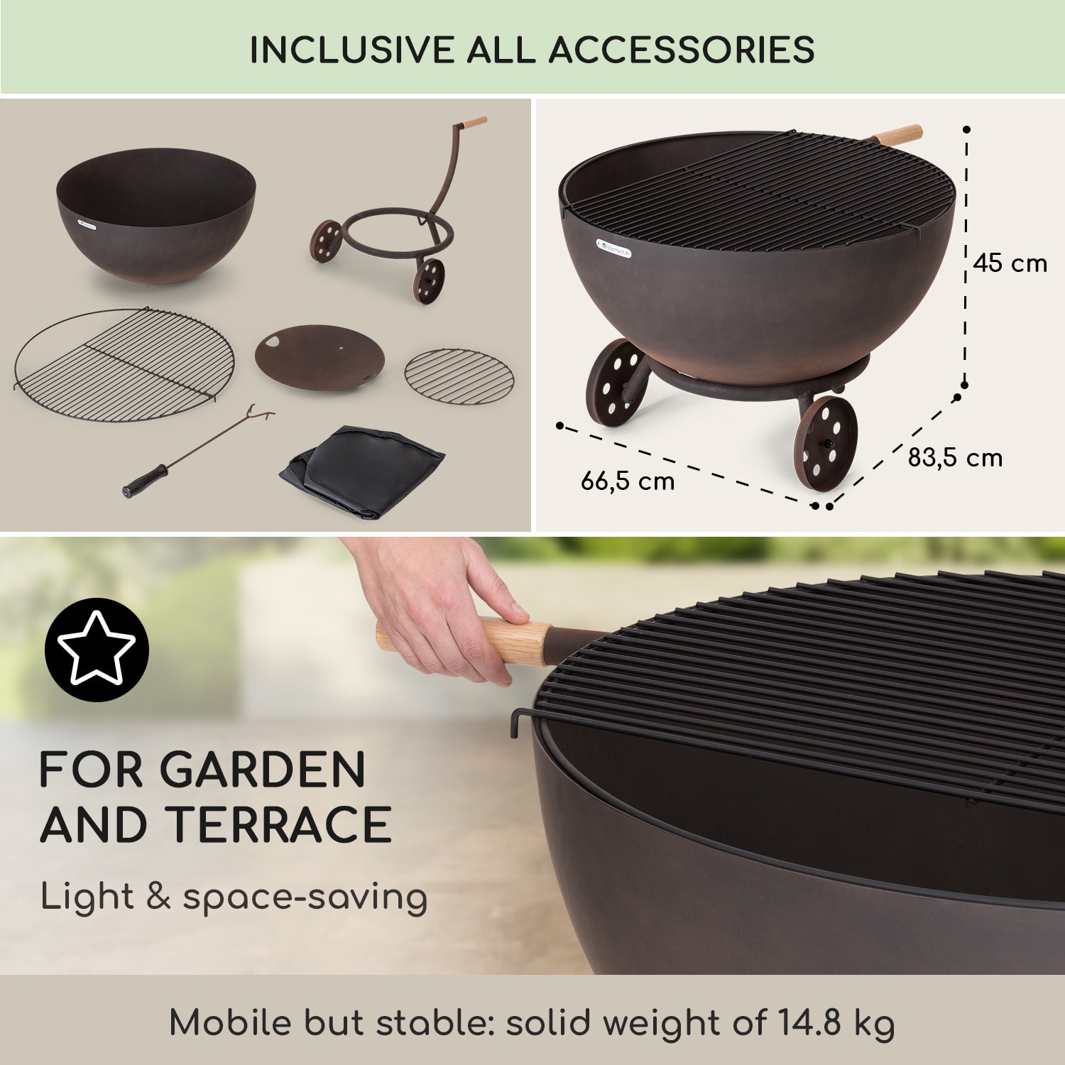 Blumfeldt Fireball Egon, ohnisko, oceľ, do záhrady alebo na terasu, Ø 66 cm, kryt na gril – Obrázok 5