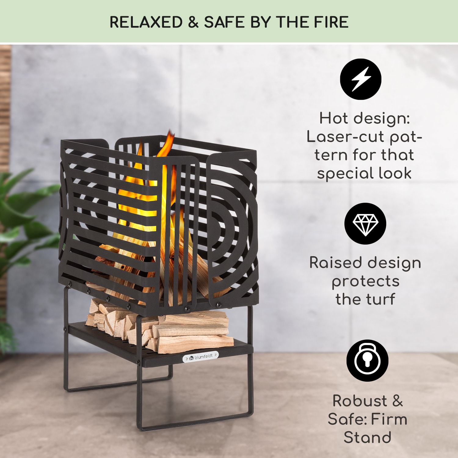 Blumfeldt Krakatoa, ohnisko, pevná oceľ, odkladací priestor na drevo, laserom rezaný dizajn – Obrázok 2