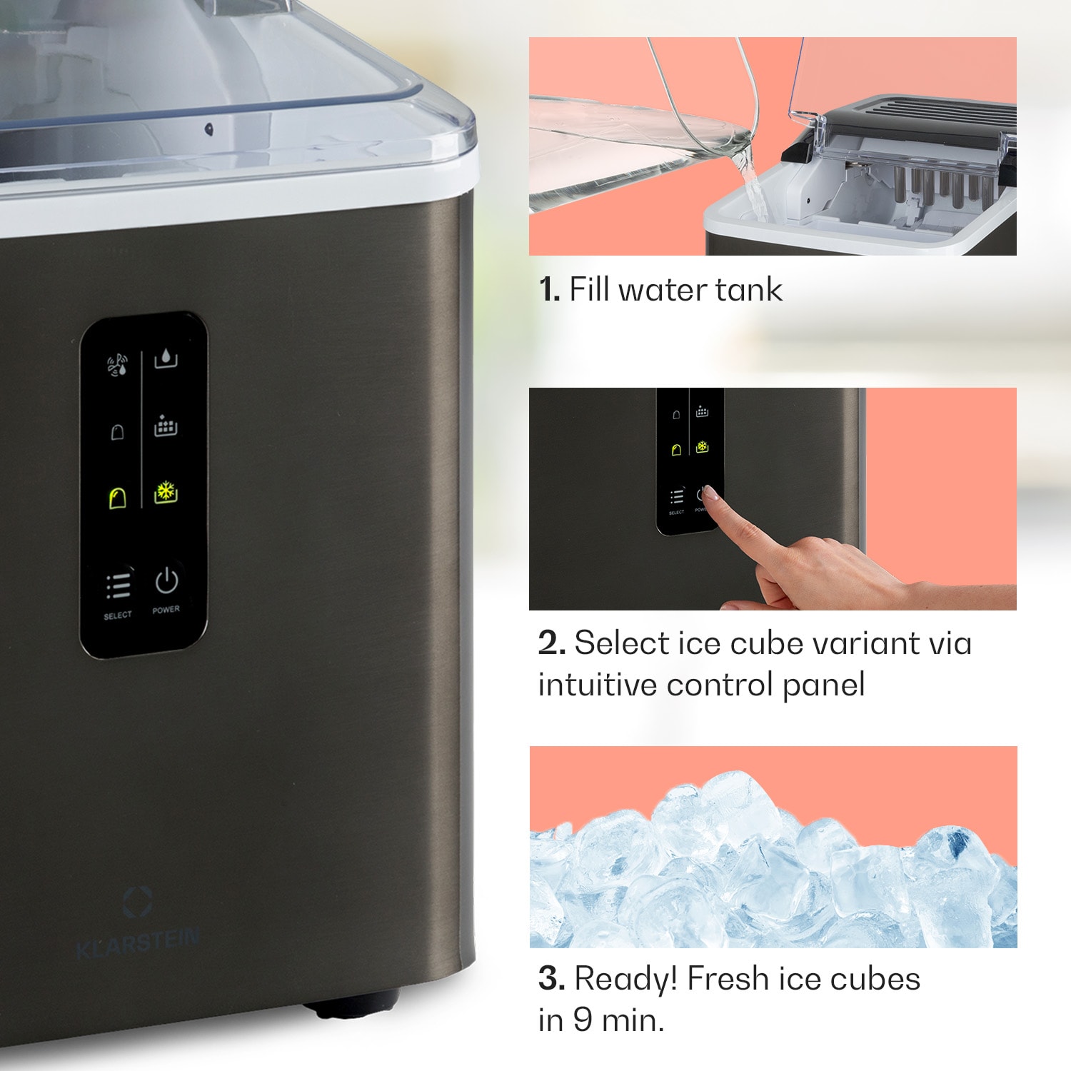 Klarstein Albaron Supreme, výrobník ľadu, tvar náboja, 12 kg/24 h, nádrž 1,5 l, nehrdzavejúca oceľ – Obrázok 4