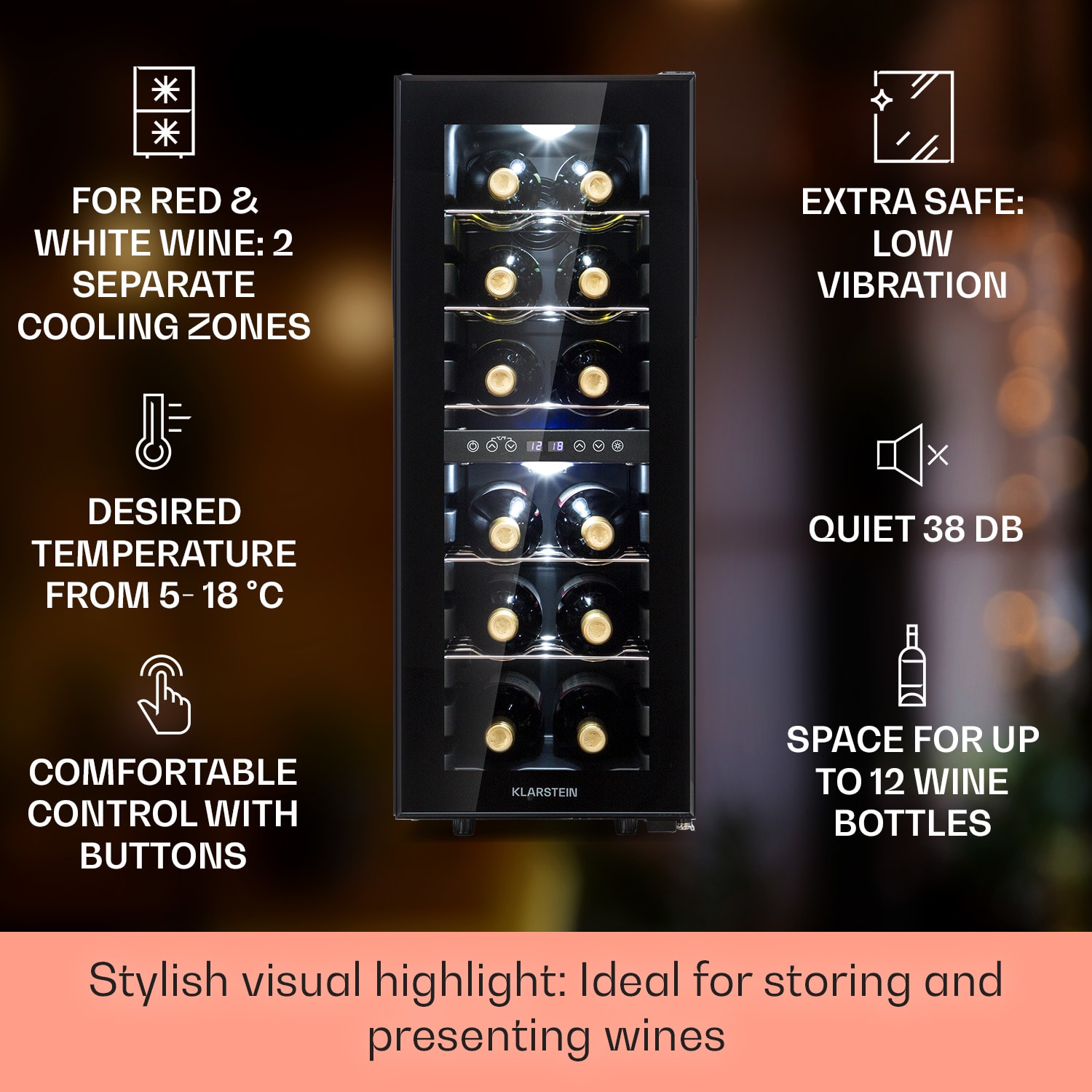 Klarstein Shiraz 12 Duo, vinotéka, 42 l, 12 fliaš, 2 zóny 5-12 / 12-18°C, dotykové ovládanie – Obrázok 2