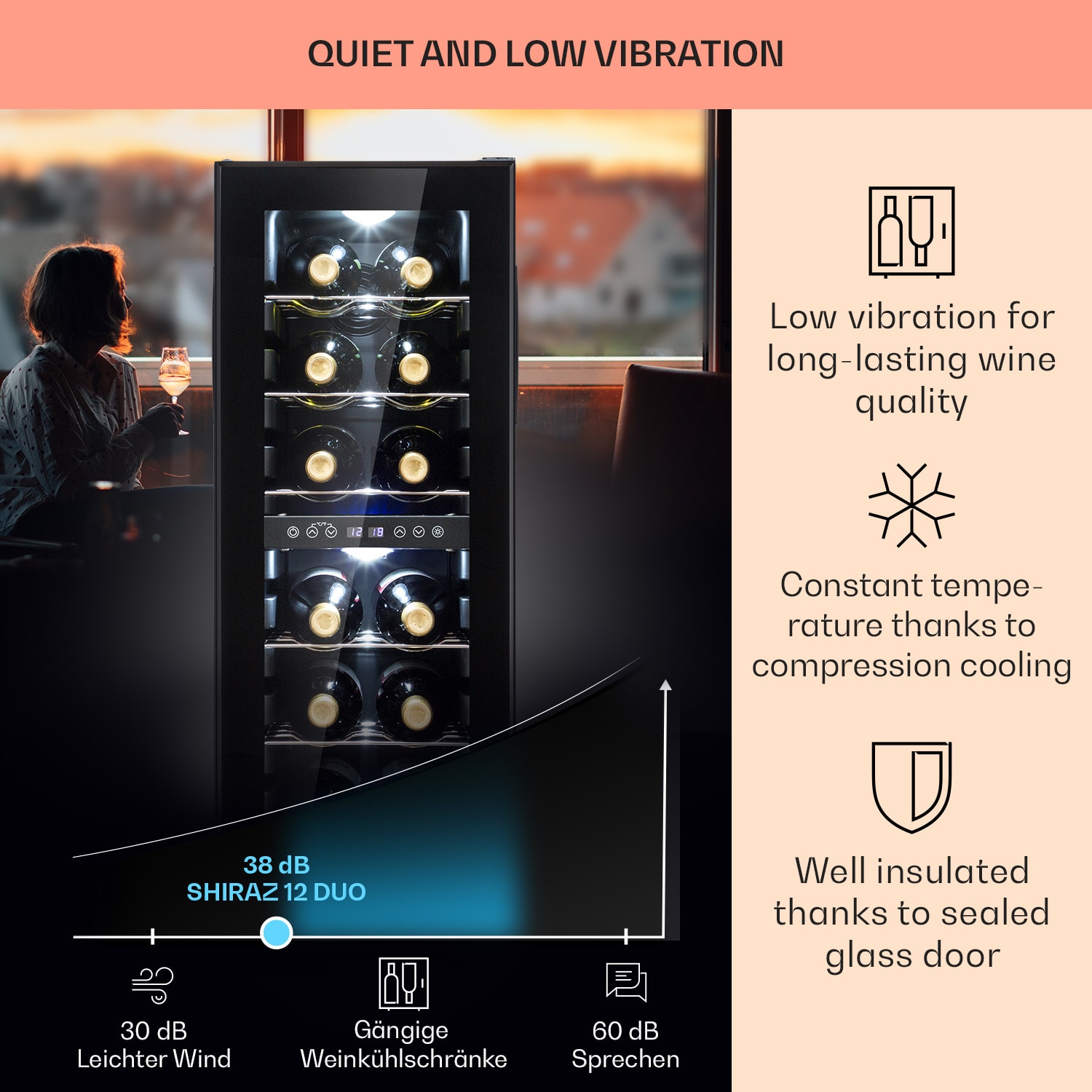 Klarstein Shiraz 12 Duo, vinotéka, 42 l, 12 fliaš, 2 zóny 5-12 / 12-18°C, dotykové ovládanie – Obrázok 4
