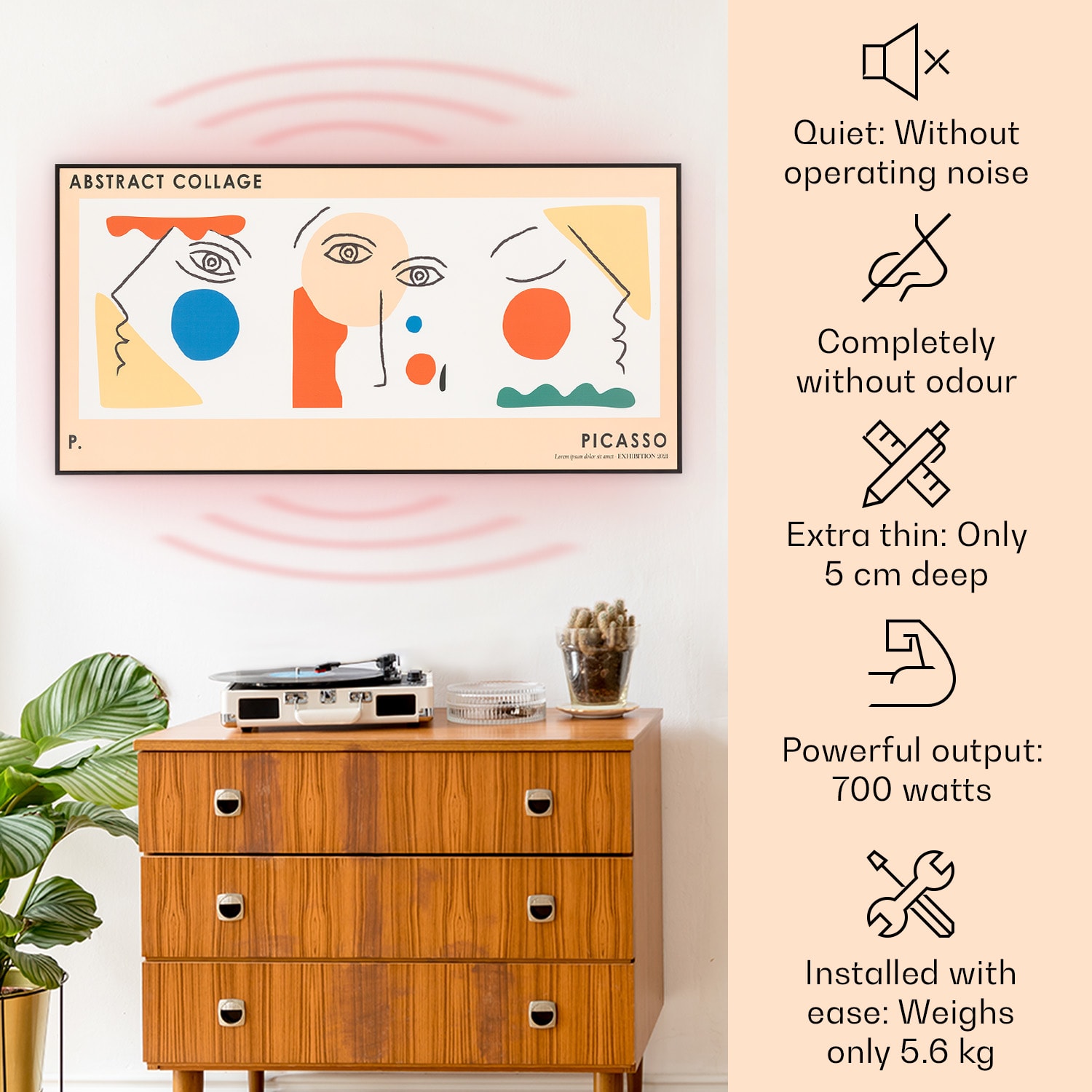 Klarstein Wonderwall Air Art, infračervený smart ohrievač, 60 x 120 cm, 700 W, nástenná inštalácia, aplikácia, abstrakt – Obrázok 2