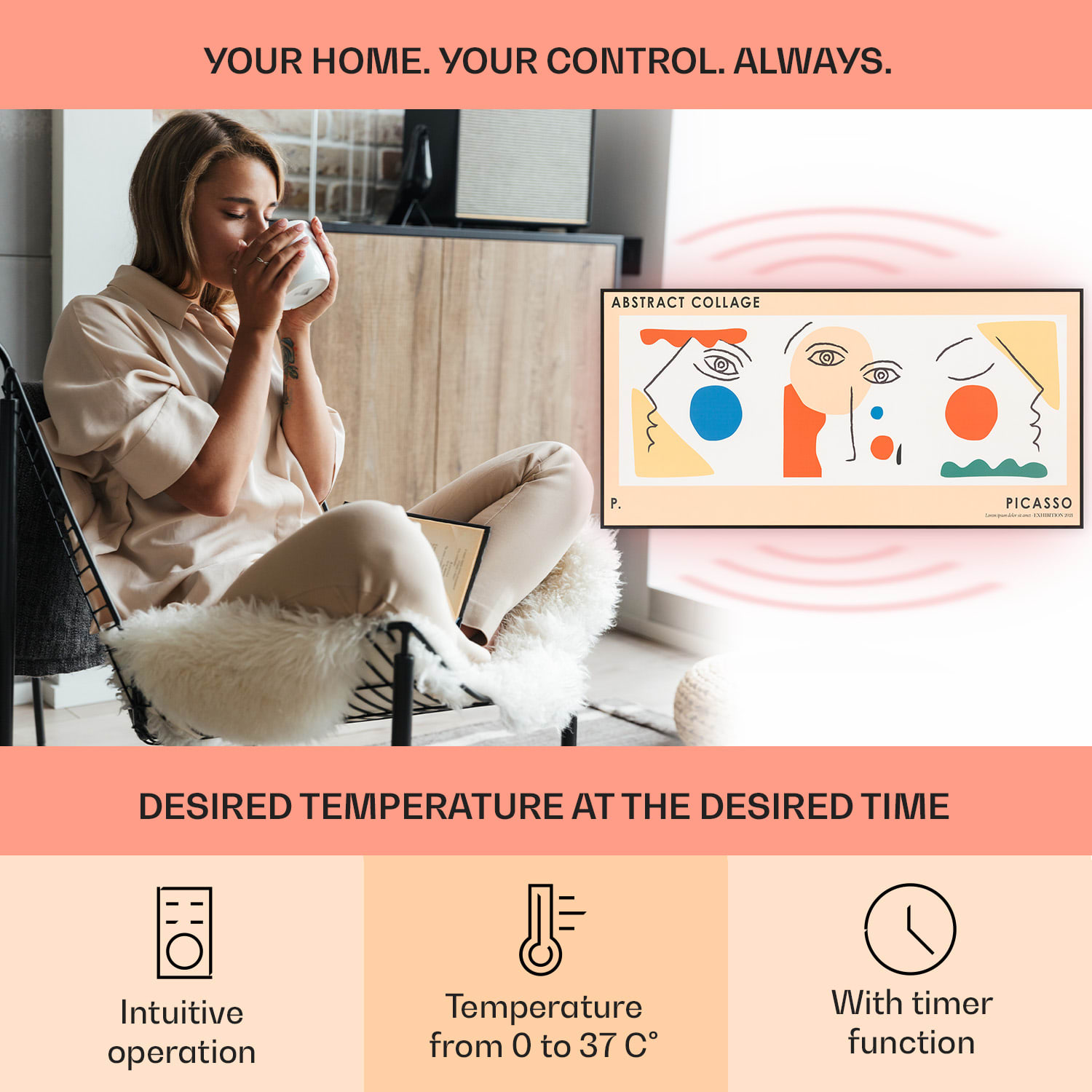 Klarstein Wonderwall Air Art, infračervený smart ohrievač, 60 x 120 cm, 700 W, nástenná inštalácia, aplikácia, abstrakt – Obrázok 3