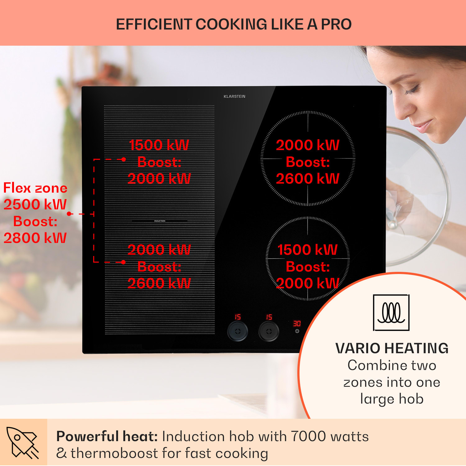 Klarstein Magnichef 4 Flex, vstavaná indukčná varná doska, 7000 W, 4 zóny, sklokeramika – Obrázok 3