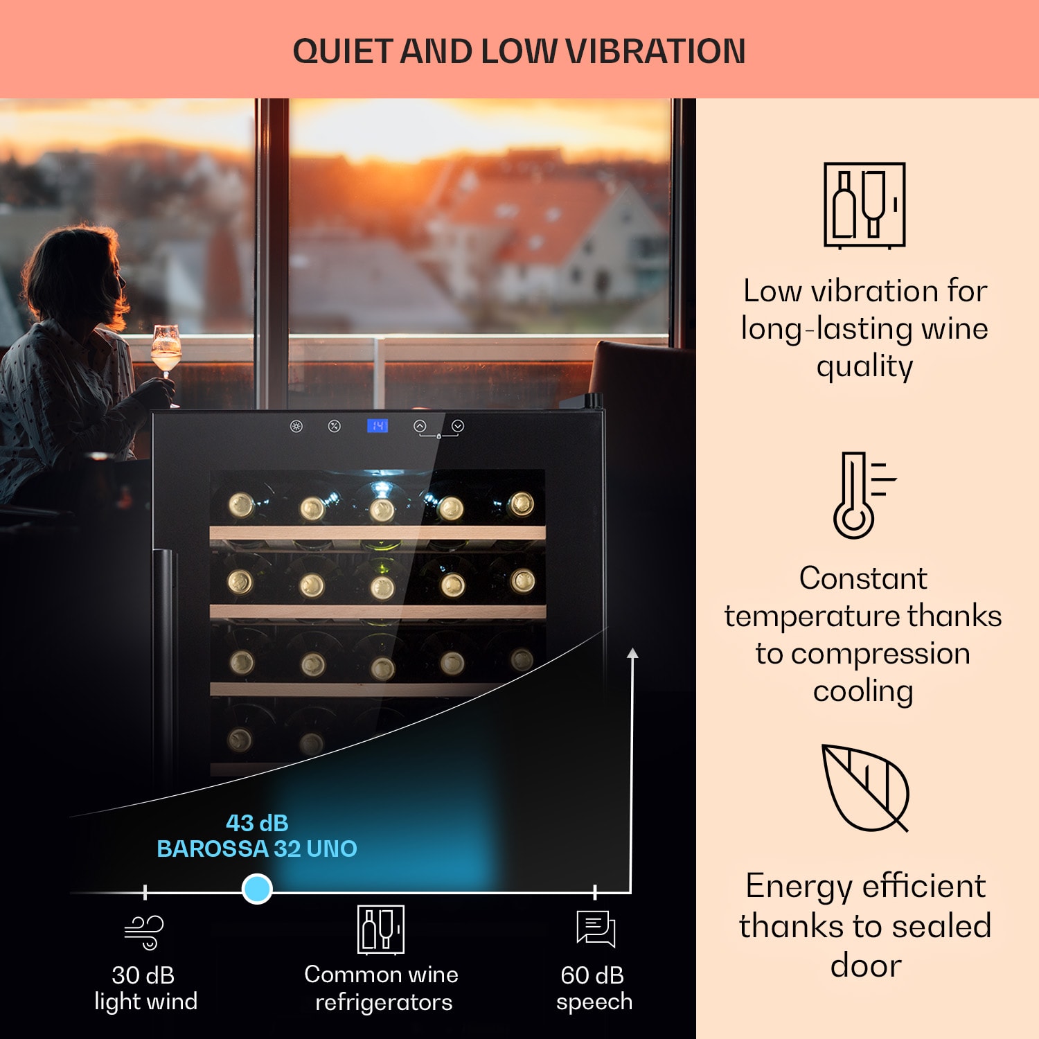 Klarstein Barossa 32 Uno, vinotéka, 95 l, 36 fliaš, 1 zóna, dotykový displej – Obrázok 4