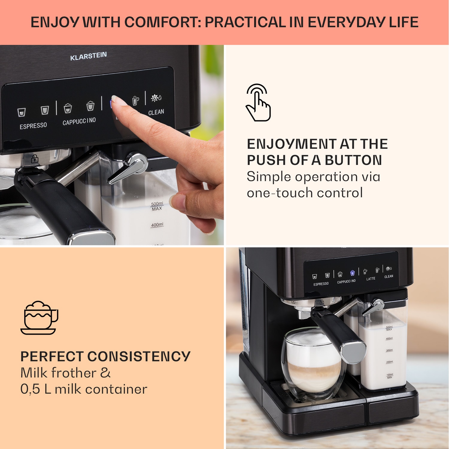 Klarstein Arabica Comfort kávovar s portafiltrom, 1350 W, 20 bar, 1,8 l, dotykový ovládací panel – Obrázok 3