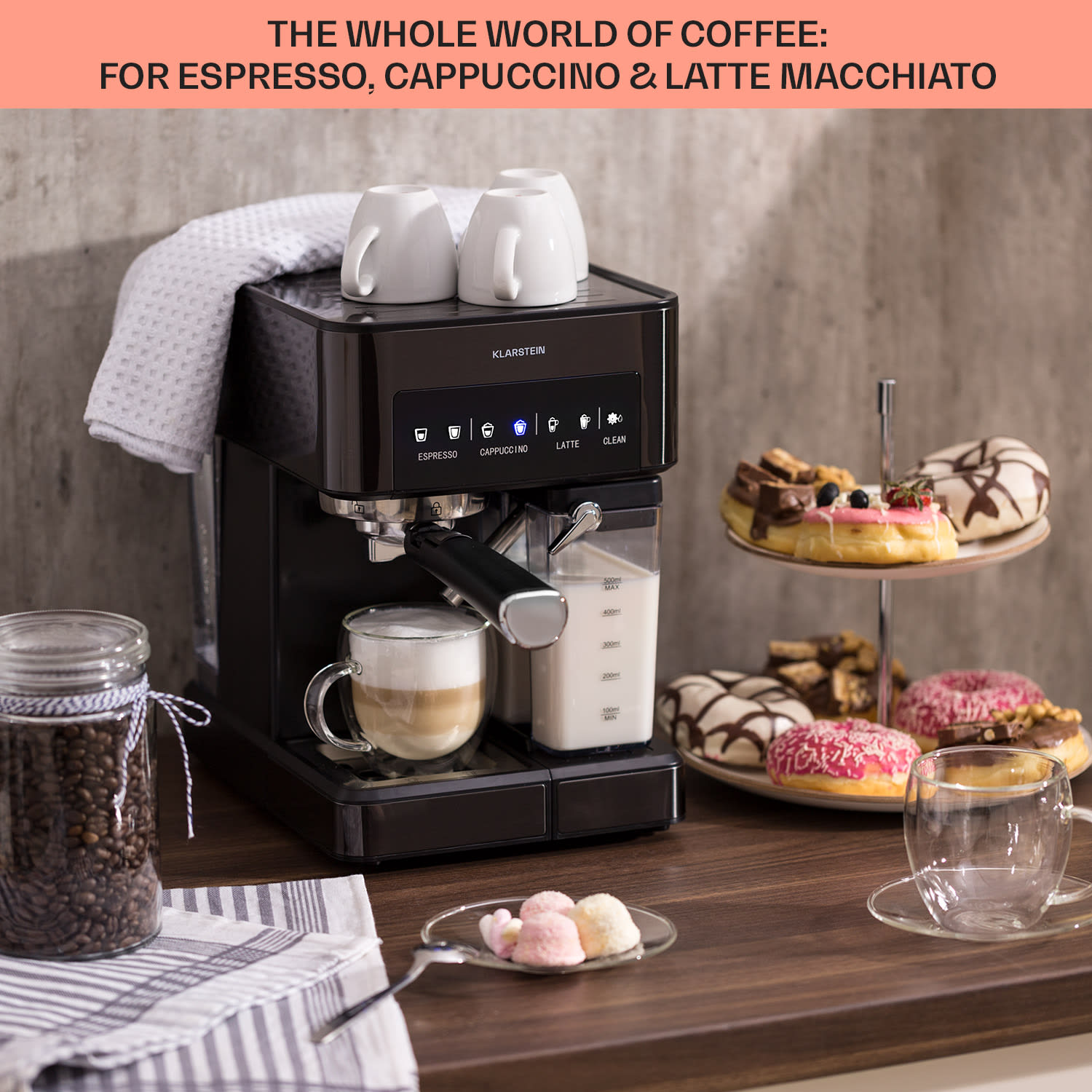 Klarstein Arabica Comfort kávovar s portafiltrom, 1350 W, 20 bar, 1,8 l, dotykový ovládací panel – Obrázok 4