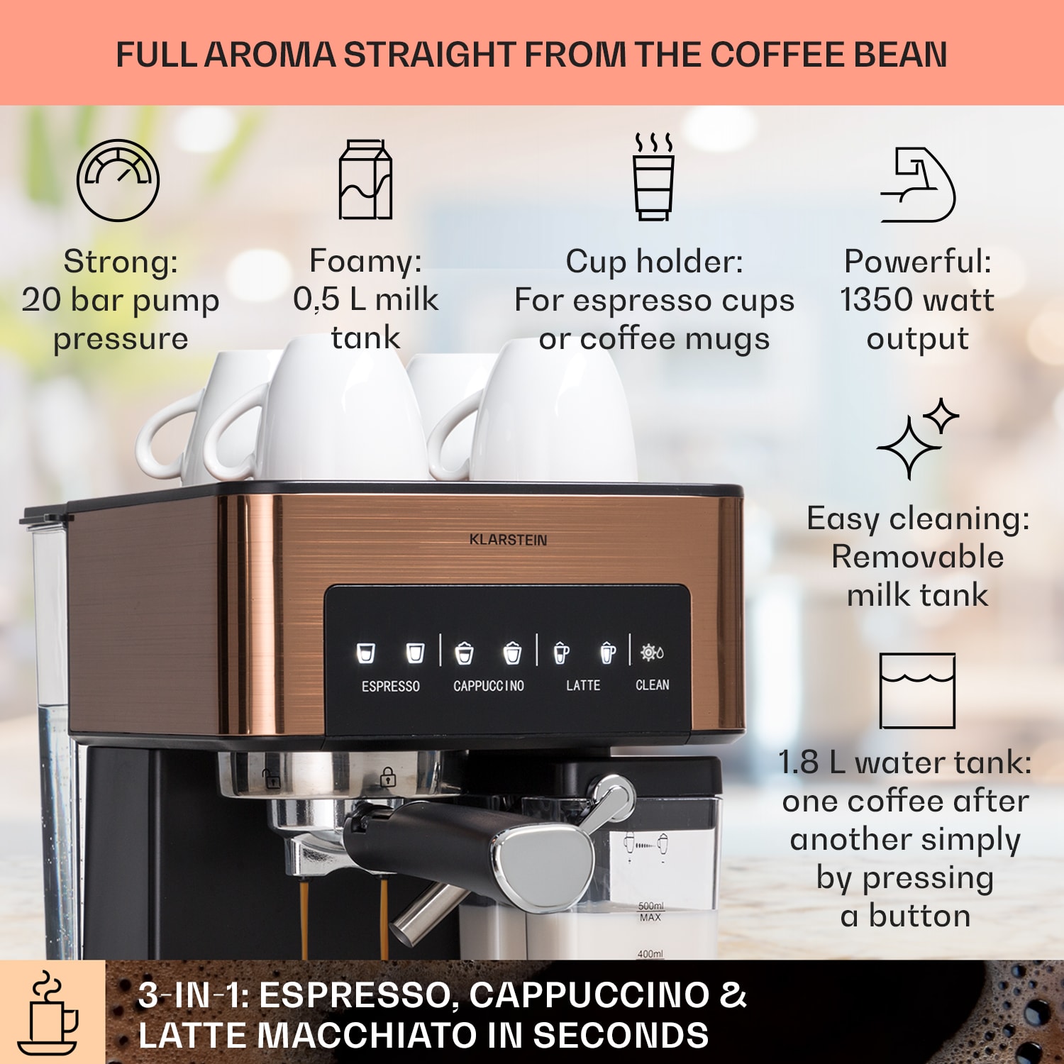 Klarstein Arabica Comfort kávovar s portafiltrom, 1350 W, 20 bar, 1,8 l, dotykový ovládací panel – Obrázok 2