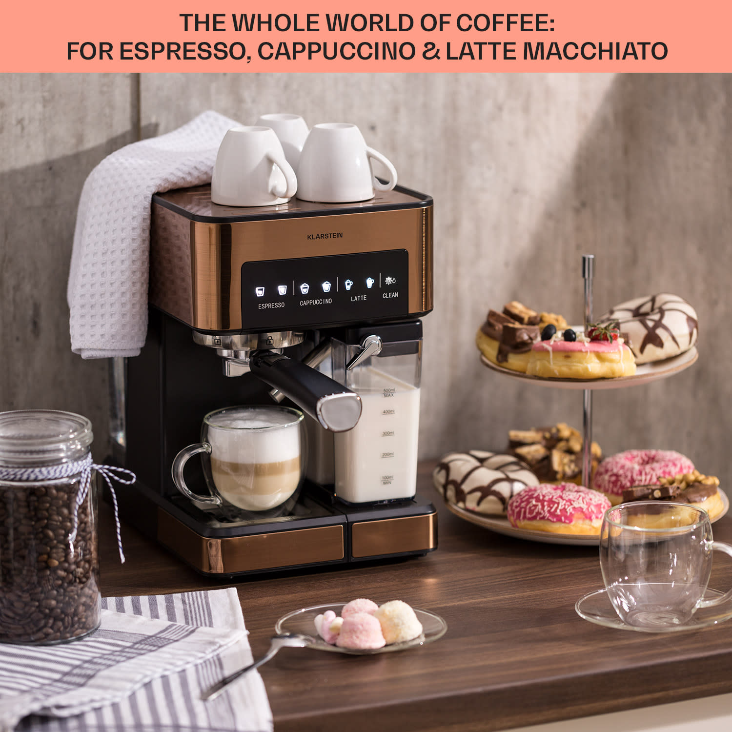 Klarstein Arabica Comfort kávovar s portafiltrom, 1350 W, 20 bar, 1,8 l, dotykový ovládací panel – Obrázok 4
