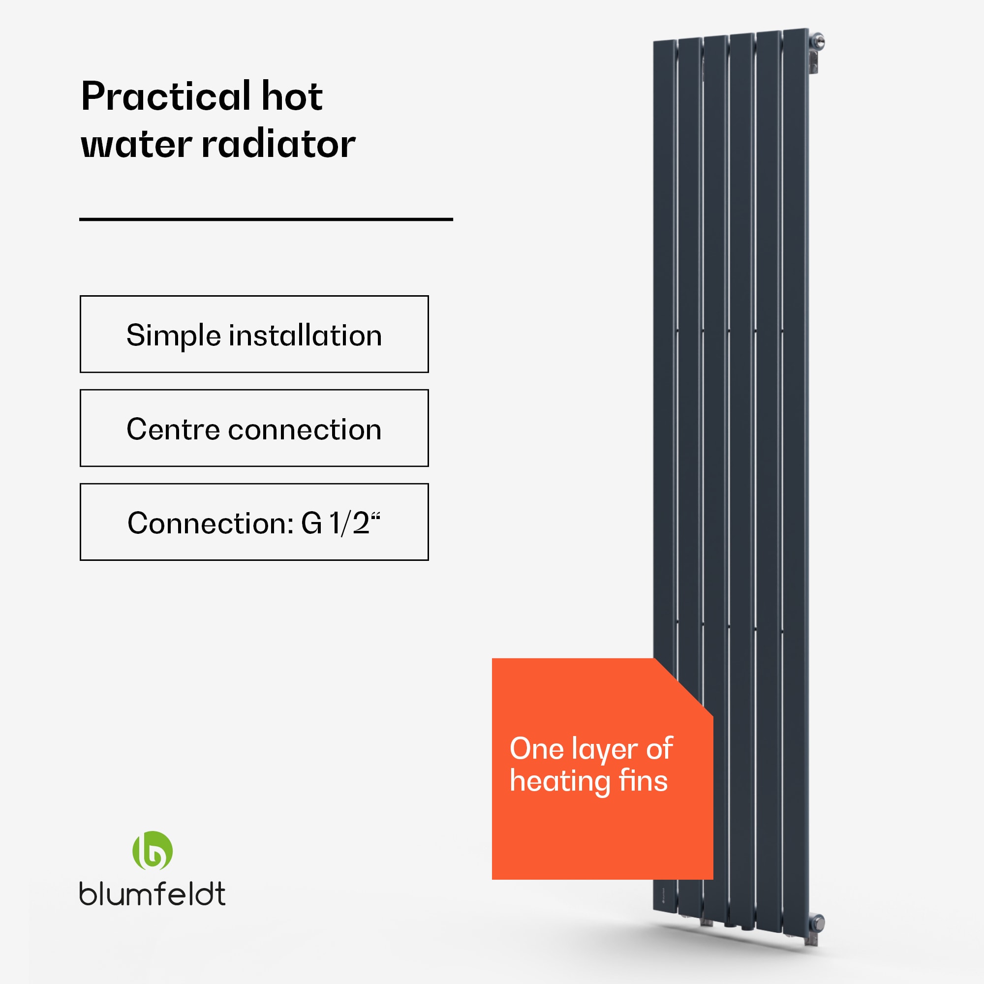 Blumfeldt Ontario, radiátor, 45 × 180, 1/2" bočné pripojenie, inštalácia na stenu, 485 W – Obrázok 3