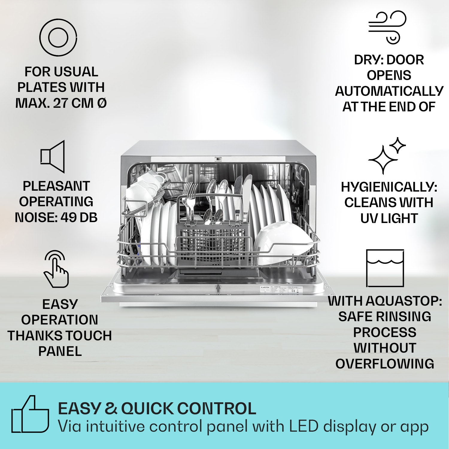 Klarstein Havasia UV 6, umývačka riadu, UV svetlo, 1380 W, voľne stojaca – Obrázok 2
