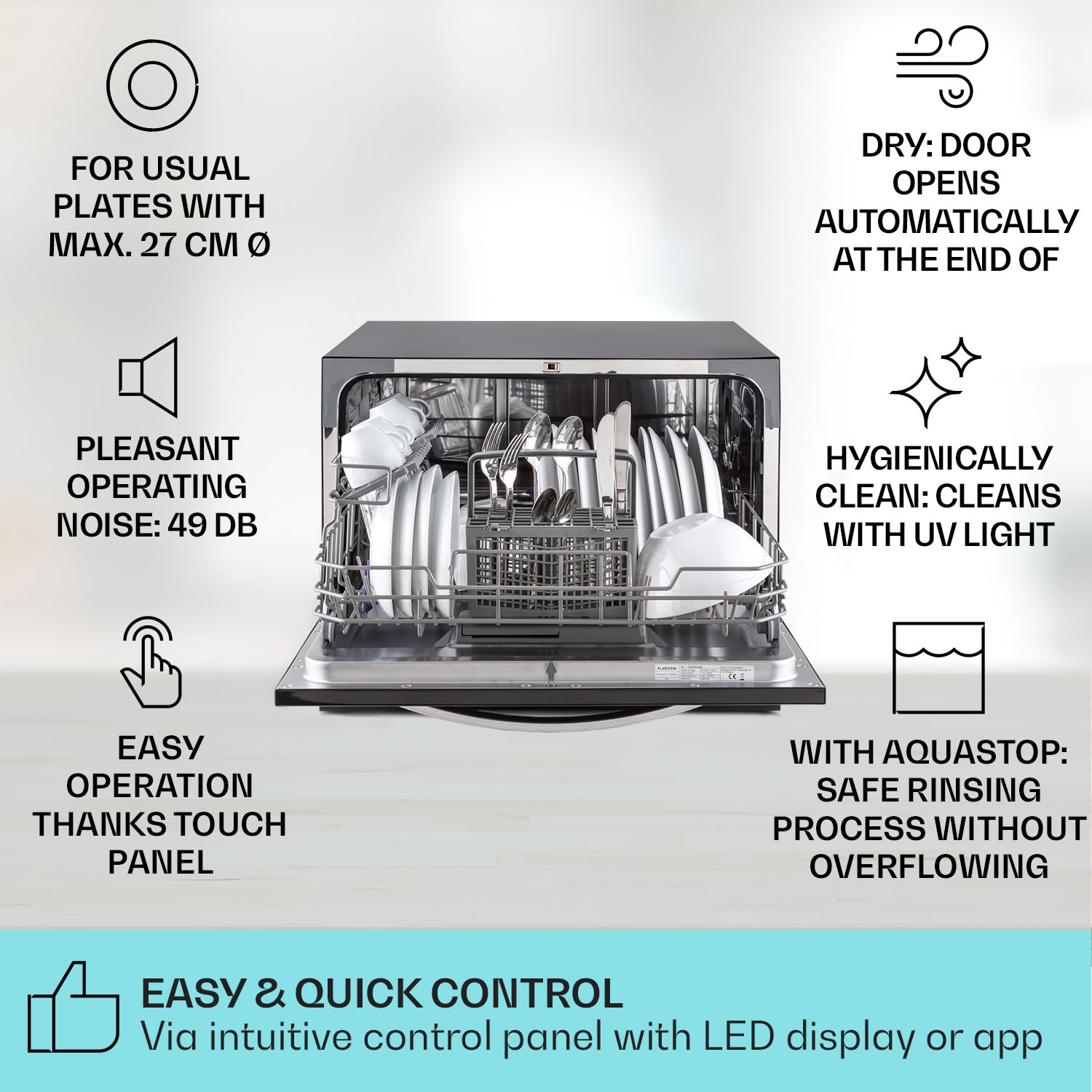 Klarstein Havasia UV 6 Luminance, umývačka riadu, UV svetlo, 1380 W, sklenená predná časť, voľne stojaca – Obrázok 2