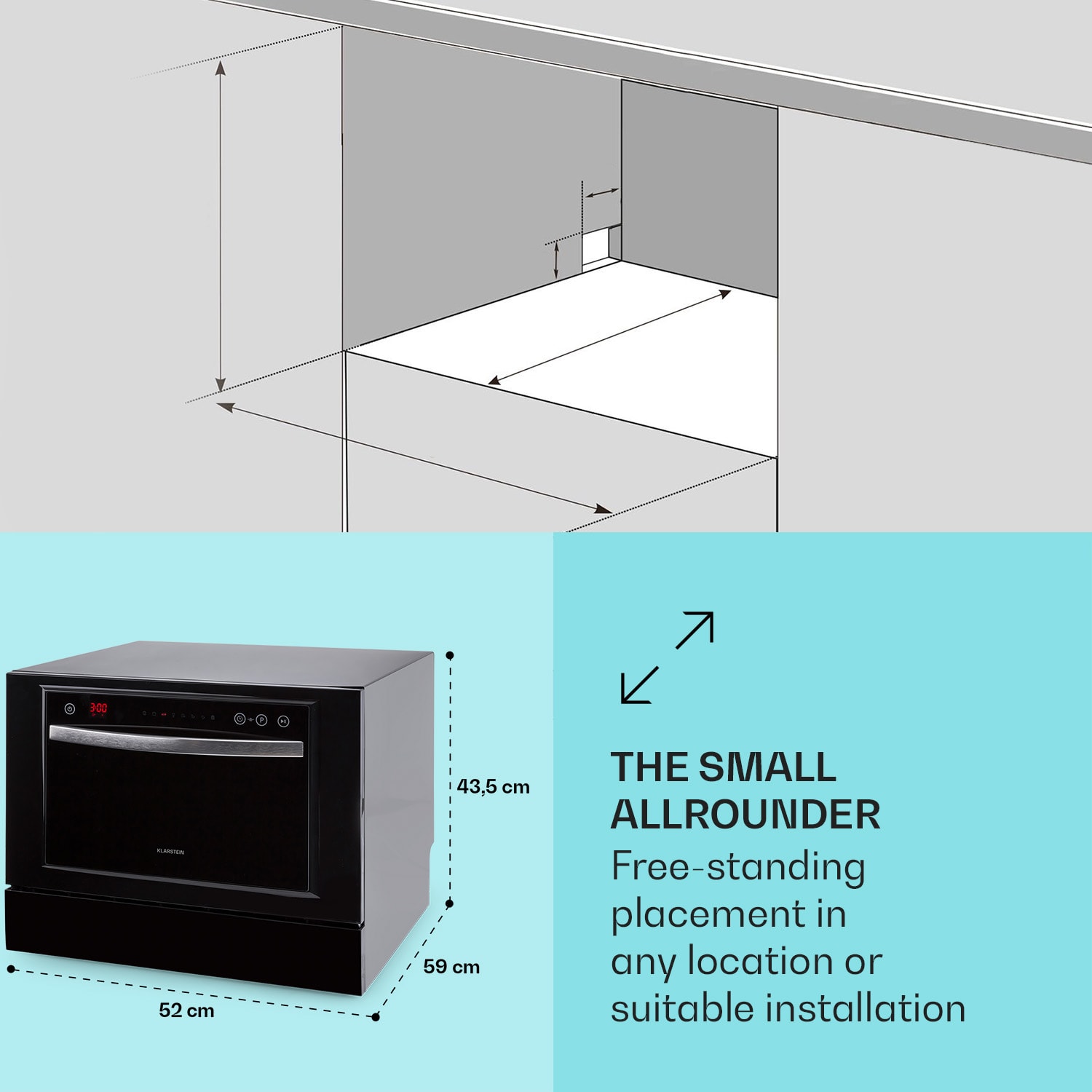 Klarstein Havasia UV 6 Luminance, umývačka riadu, UV svetlo, 1380 W, sklenená predná časť, voľne stojaca – Obrázok 5