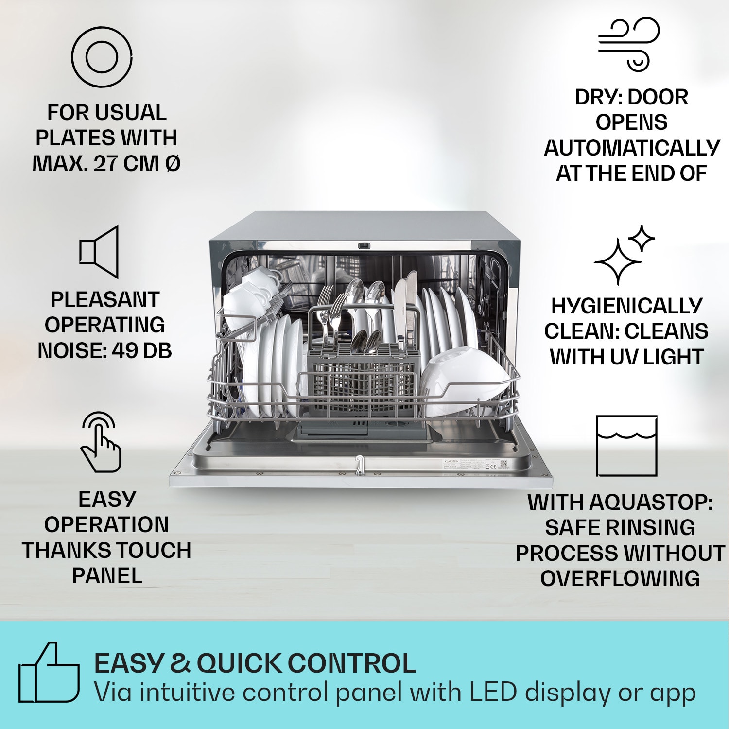 Klarstein Havasia UV 6 Luminance, umývačka riadu, UV svetlo, 1380 W, sklenená predná časť, voľne stojaca – Obrázok 2