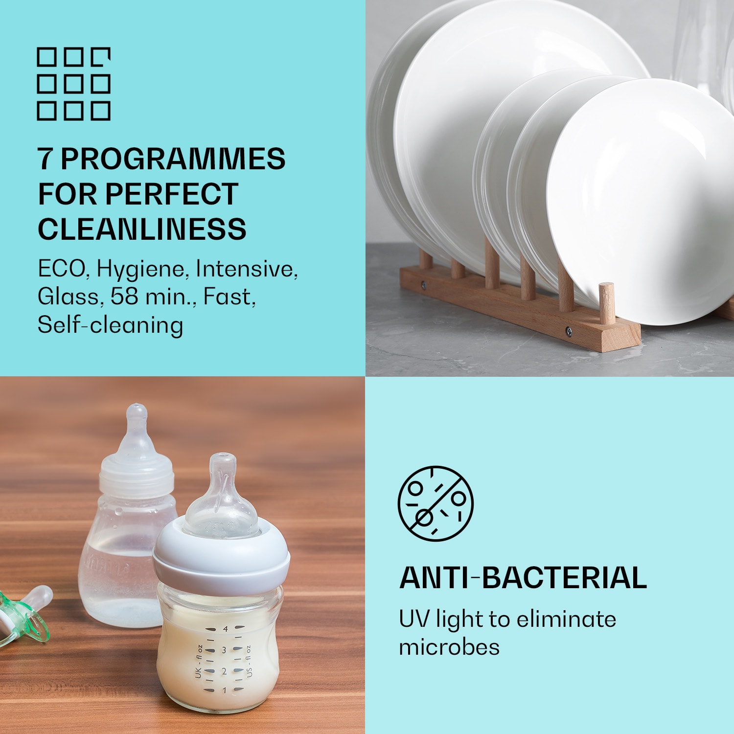 Klarstein Havasia UV 6 Luminance, umývačka riadu, UV svetlo, 1380 W, sklenená predná časť, voľne stojaca – Obrázok 3