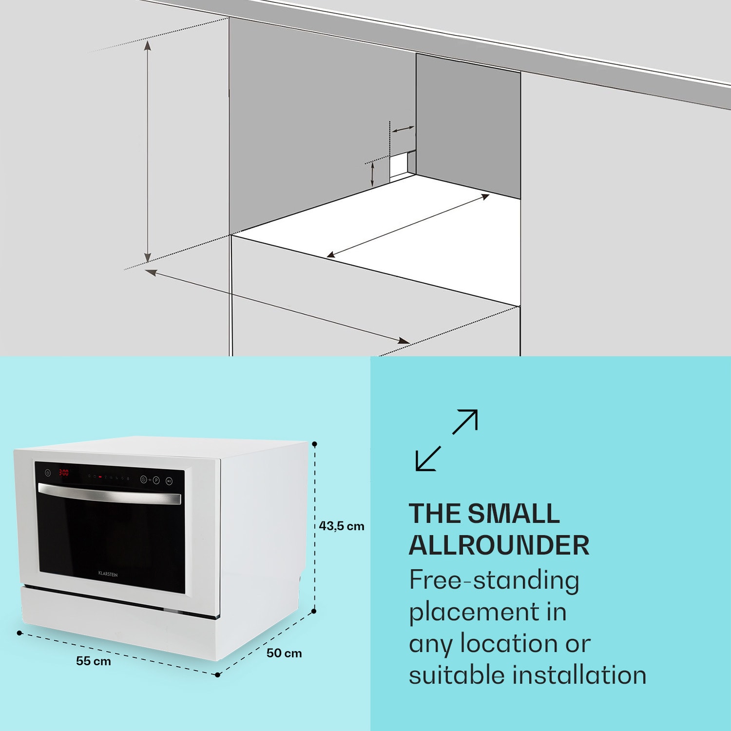 Klarstein Havasia UV 6 Luminance, umývačka riadu, UV svetlo, 1380 W, sklenená predná časť, voľne stojaca – Obrázok 5