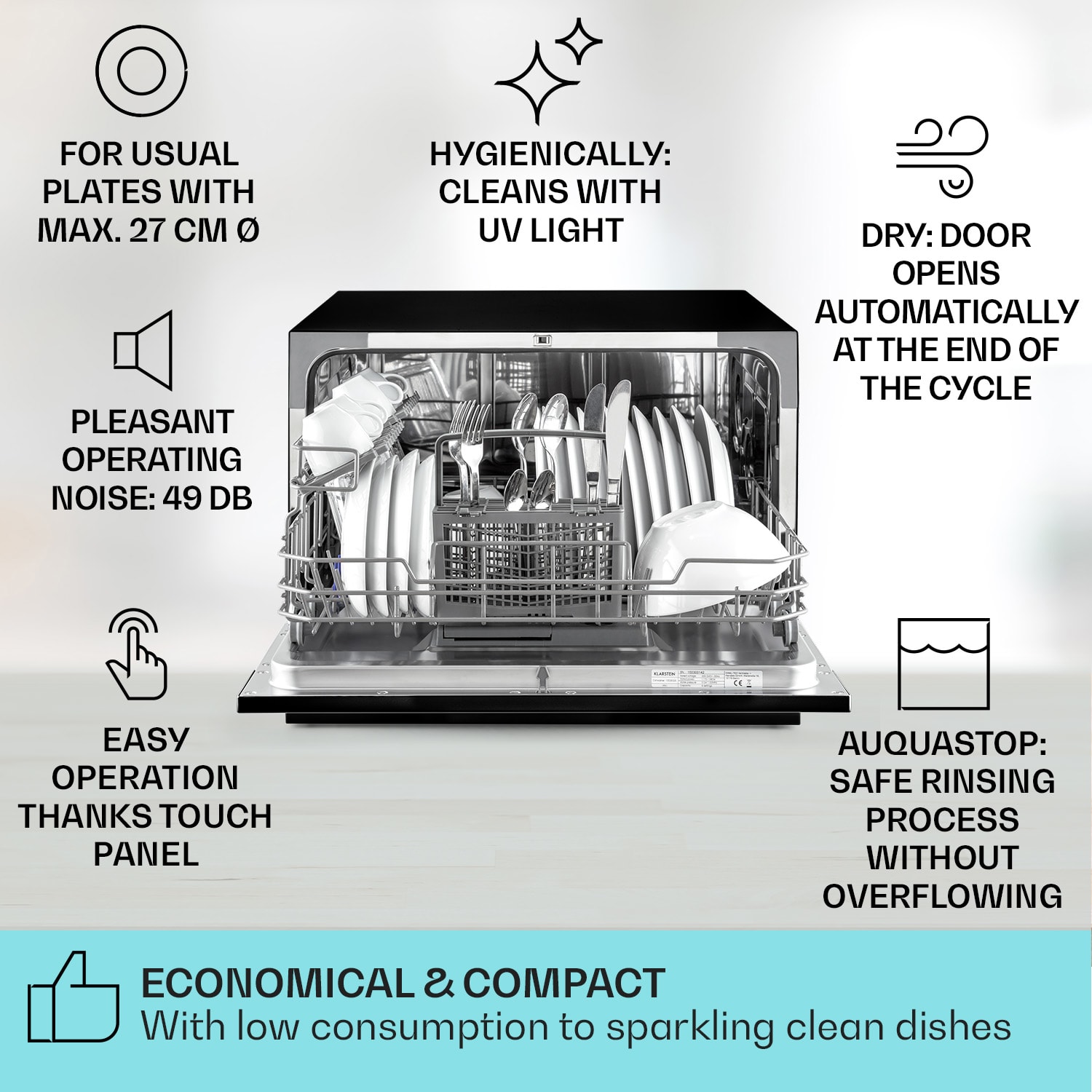 Klarstein Havasia UV 8, umývačka riadu, 1620 W, UV-svetlo, voľne stojaca/na zabudovanie – Obrázok 2