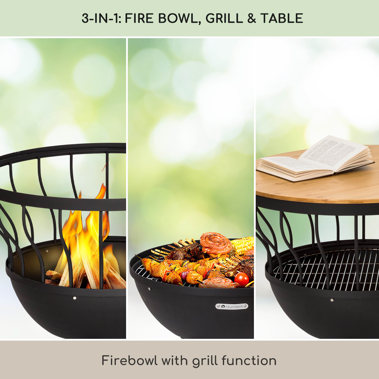 Blumfeldt Nantai, ohnisko s grilom a stolom 3 v 1, Ø 66 cm, grilovací rošt Ø 50 cm, oceľ, bambusová doska – Obrázok 2