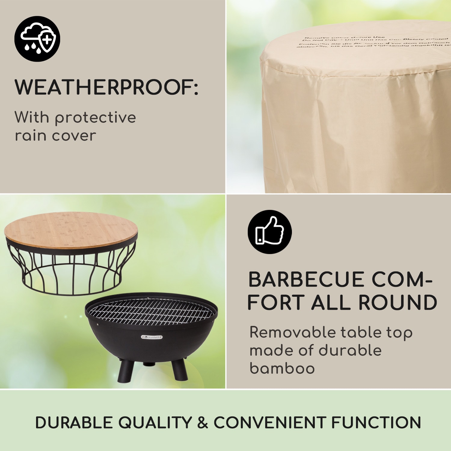 Blumfeldt Nantai, ohnisko s grilom a stolom 3 v 1, Ø 66 cm, grilovací rošt Ø 50 cm, oceľ, bambusová doska – Obrázok 4